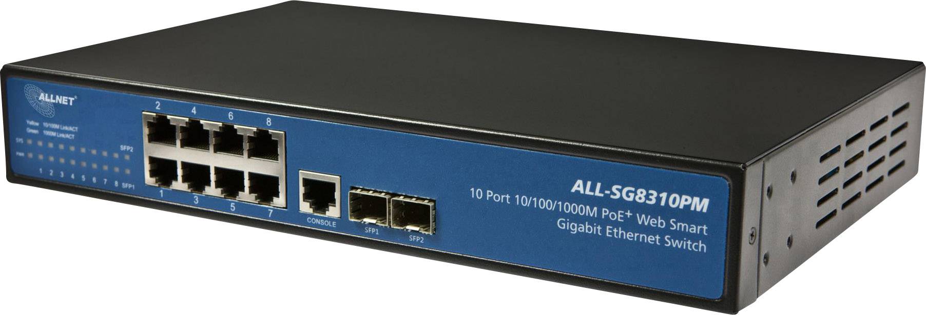 ALLNET Switch smart managed 8 Port Gigabit 150W 8x PoE+ 2x SFP Lüfterlos 19" - Access Point - WLAN
