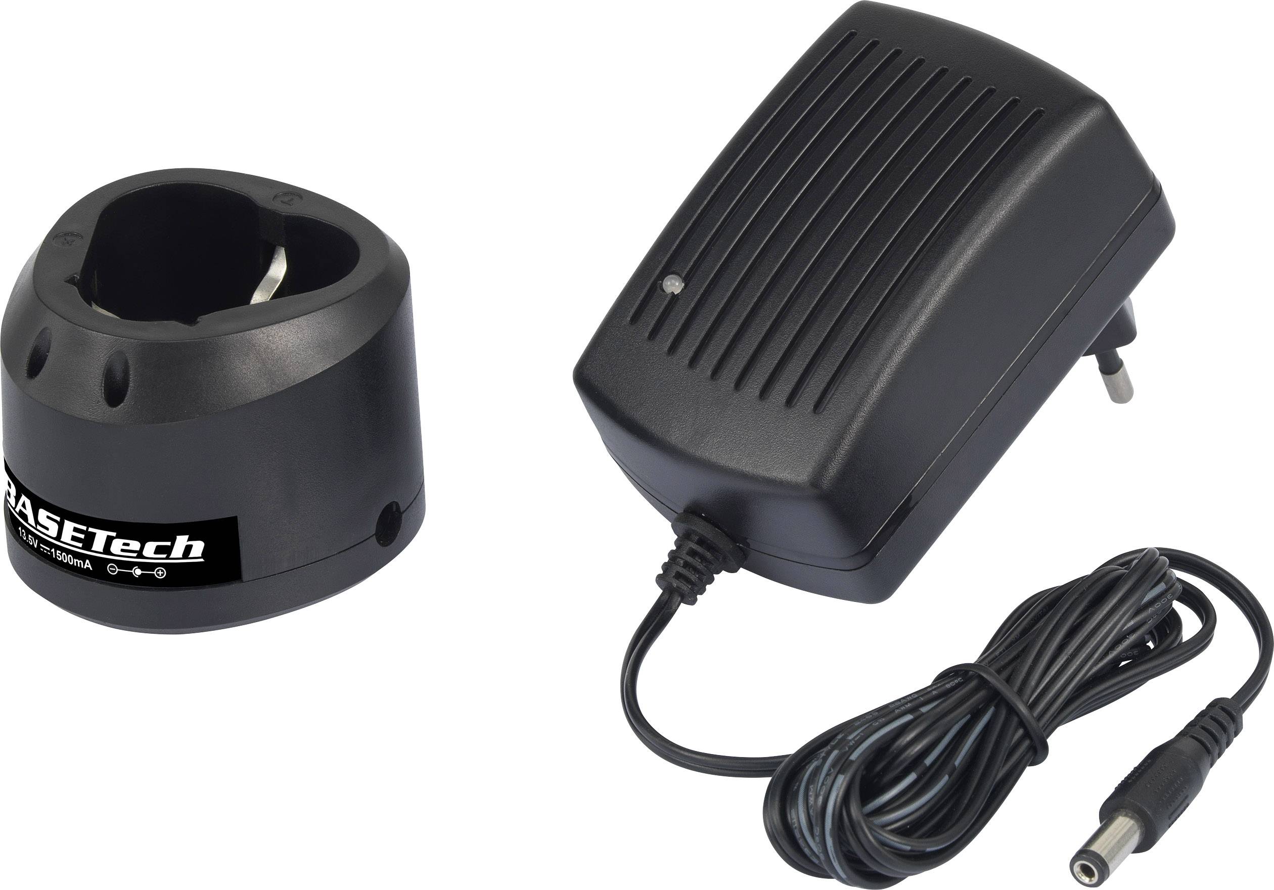 Ladegerät und Ladestation von ESETech. Das Ladegerät hat ein abnehmbares Kabel. Die Ladestation ist schwarz mit einem Markenlogo.