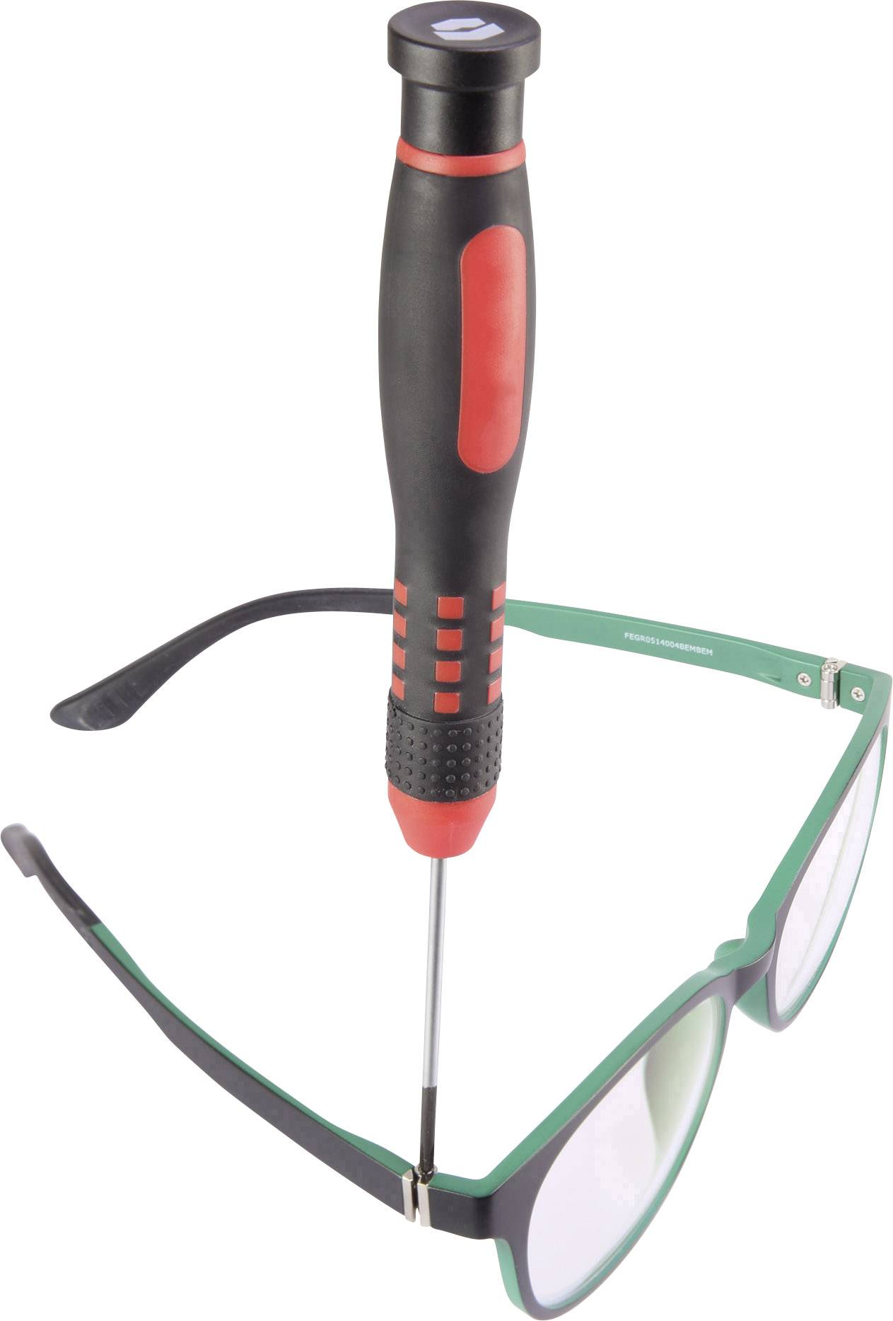 Ein Schraubendreher repariert eine grüne Brille, indem er eine Schraube am Bügel anzieht.