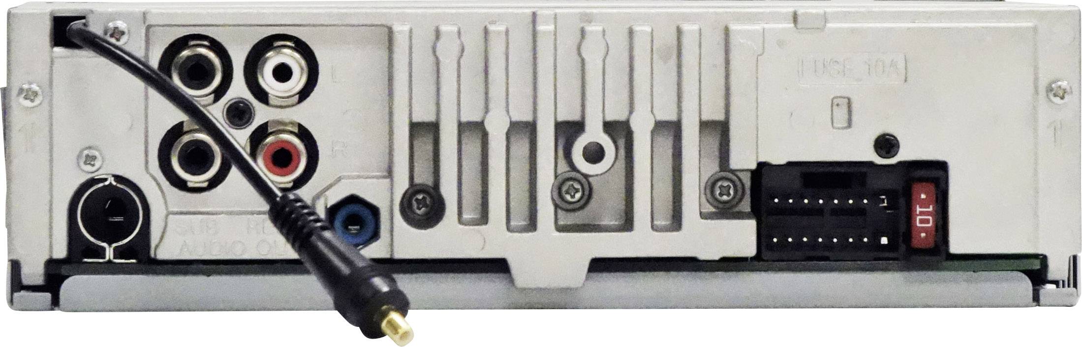 Ein Autoradio mit mehreren Anschlussmöglichkeiten, darunter RCA- und Antenneneingänge, auf der Rückseite sichtbar.