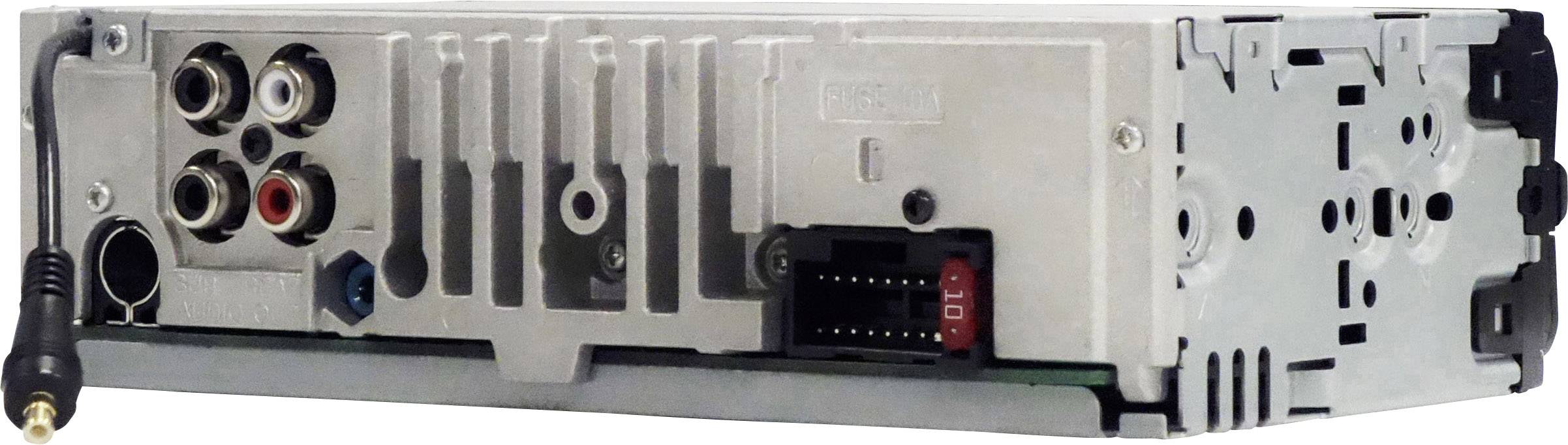 Rückseite eines Auto-Stereo-Receivers mit Anschlüssen für Audio, Antenne und Kabelerweiterungen zur Integration in Fahrzeug-Audiosysteme.