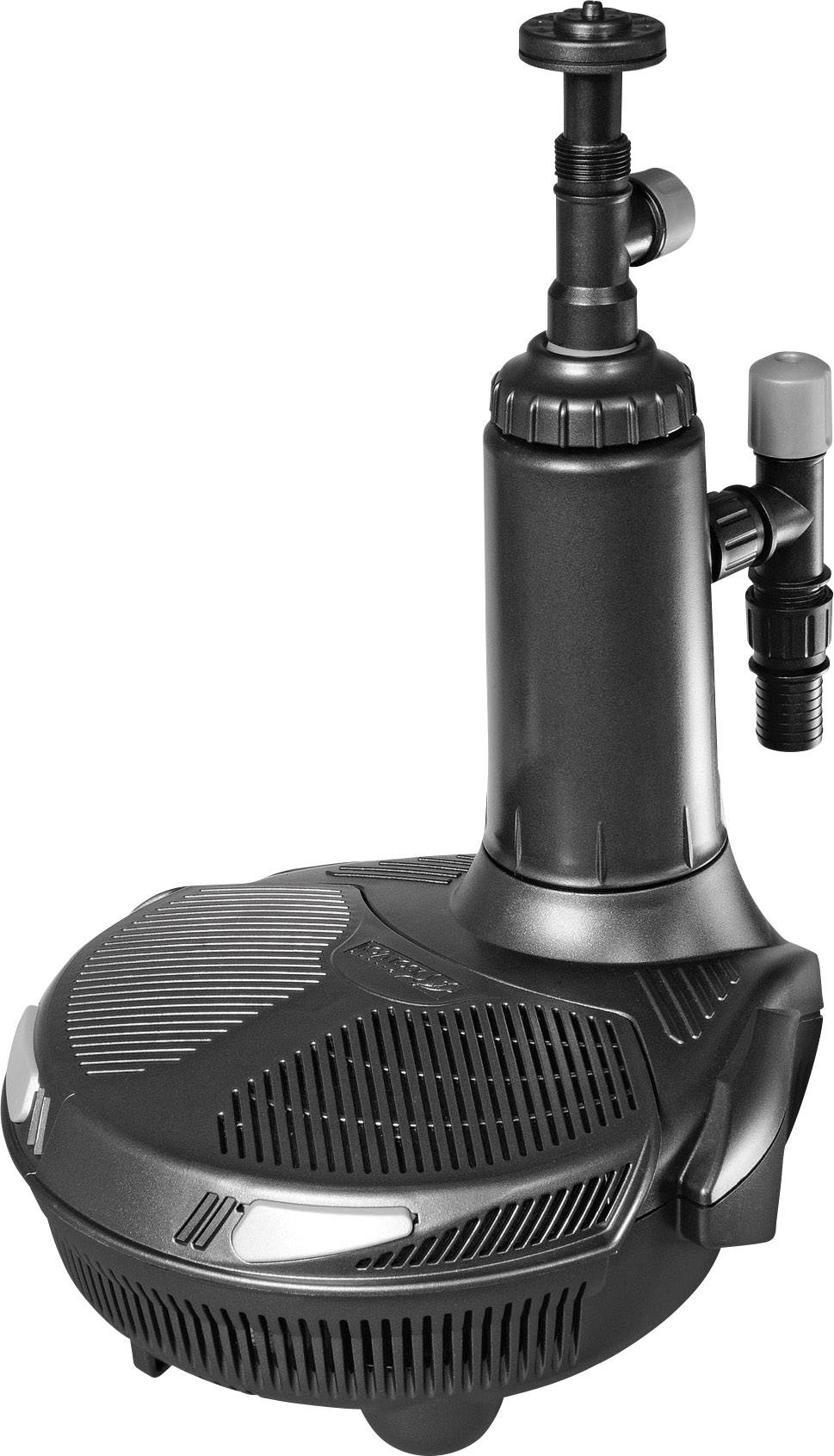 Eine schwarze Springbrunnenpumpe mit vertikalem Zulaufrohr und runder Basis, geeignet für Teiche oder Wassergärten.