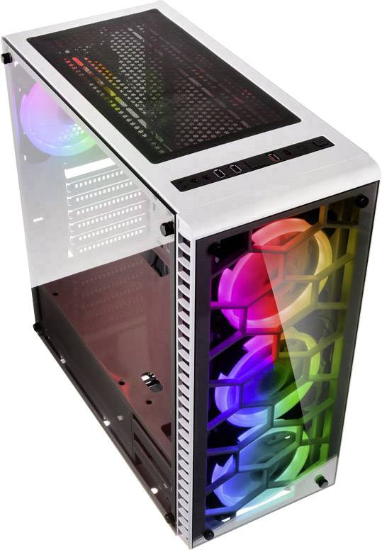 Weißes PC-Gehäuse mit mehreren Lüftern, die in verschiedenen Farben leuchten. Die Vorder- und Seite sind transparent.