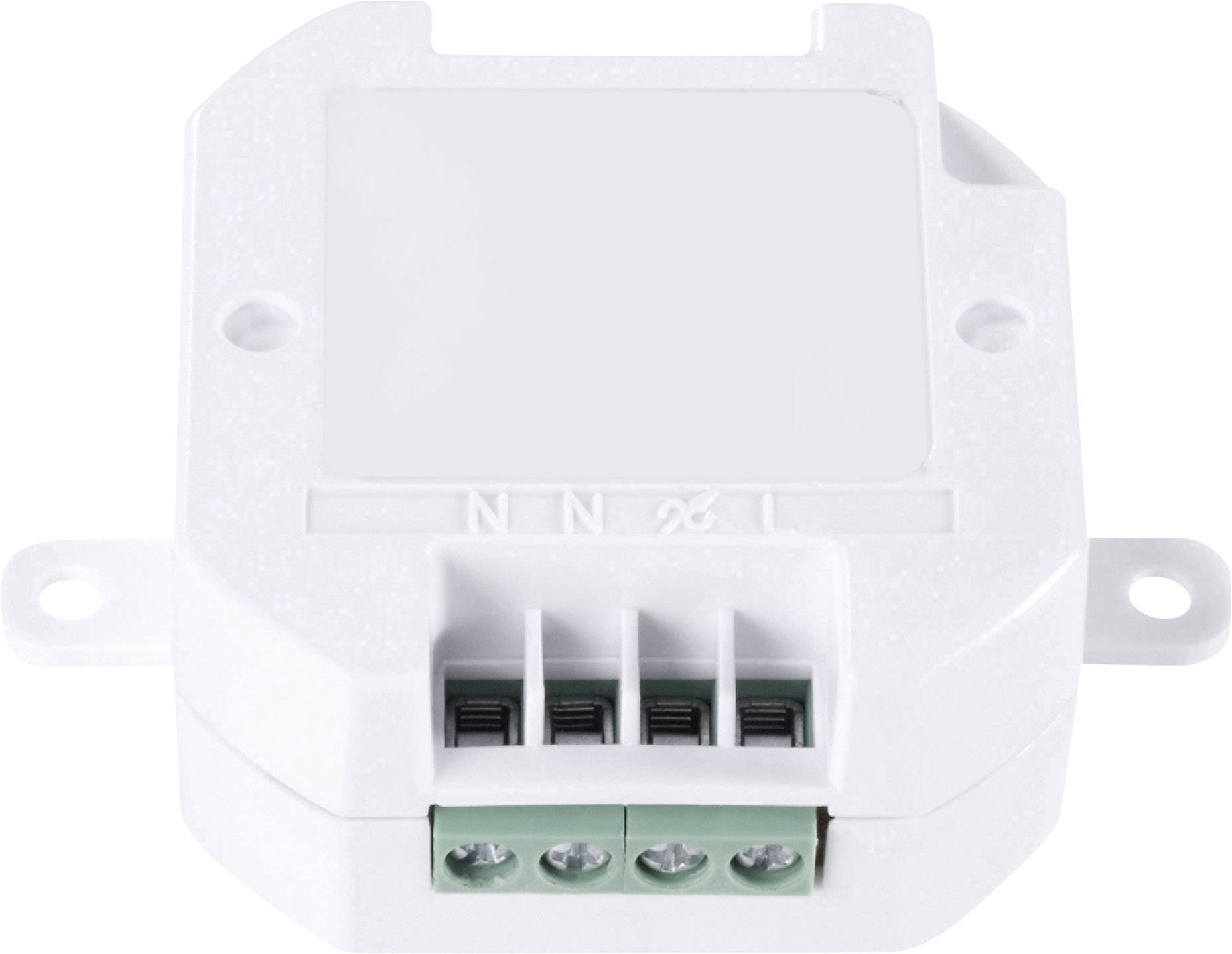 Ein rechteckiges, weißes elektrisches Gerät mit Anschlussklemmen auf der Vorderseite, gekennzeichnet mit 'N', '21', 'L'.