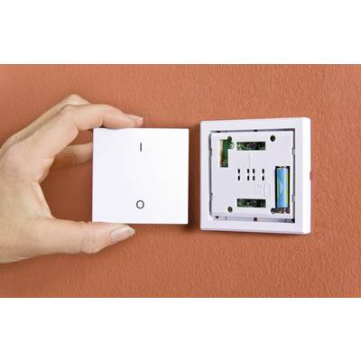 Eine Hand hält die Abdeckung eines Lichtschalters neben der Wand, um ein leeres Gehäuse mit elektronischen Bauteilen zu zeigen.