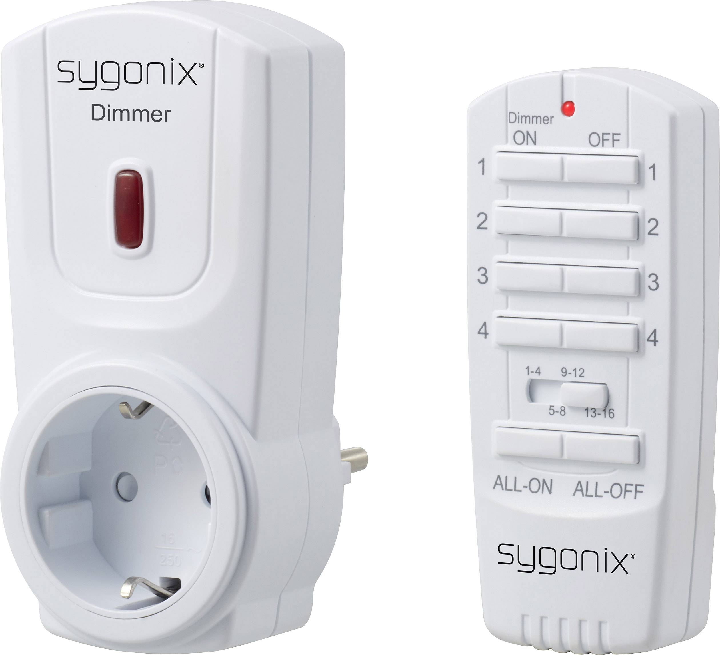 'Steckdosen-Dimmer und Fernbedienung von sygonix. Links: Dimmer mit Steckdose. Rechts: Fernbedienung mit Schiebereglern und Tasten.'