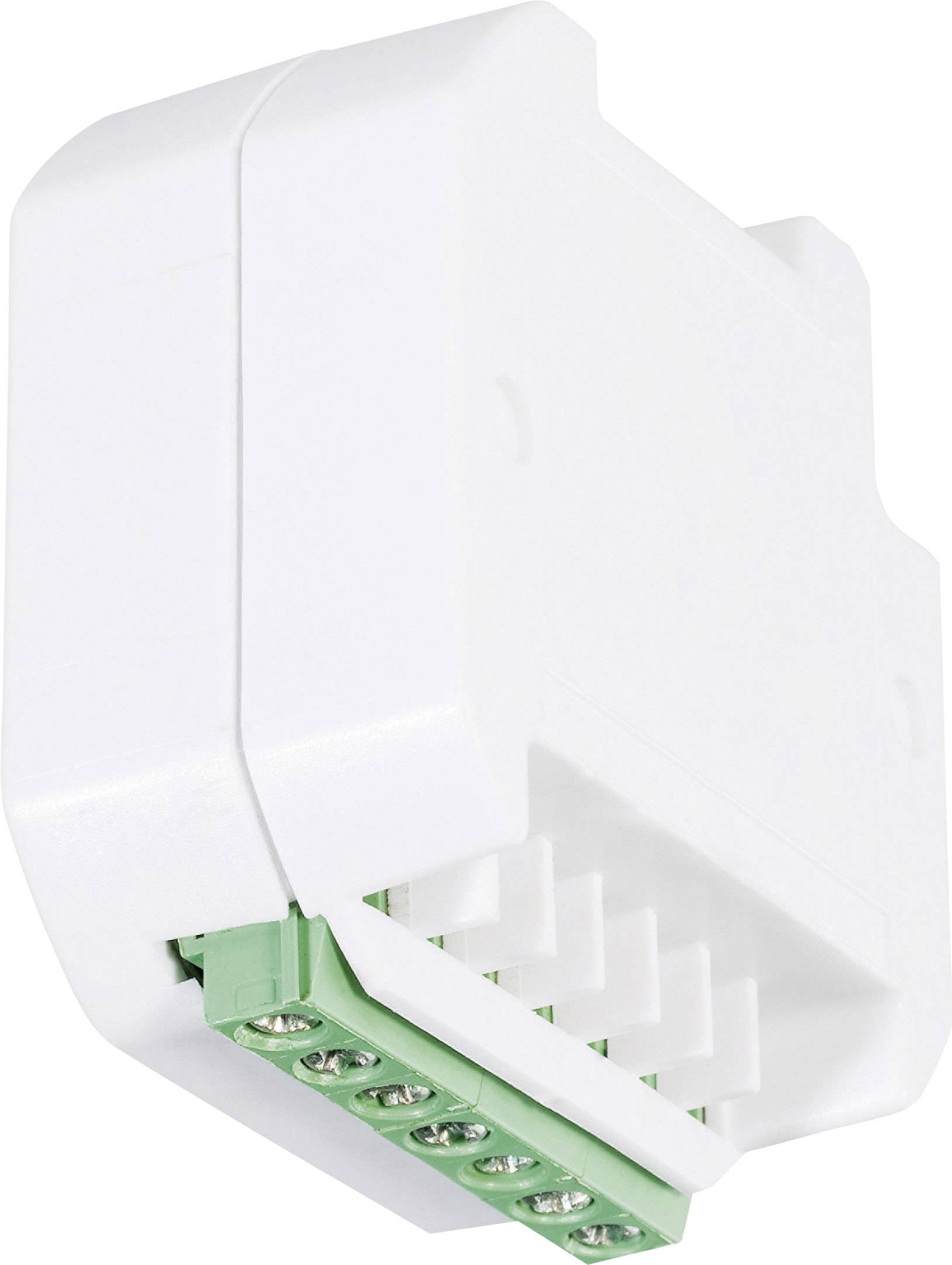 Weißes, rechteckiges elektrisches Gerät mit grünen Anschlussklemmen, möglicherweise zur Steuerung oder Verbindung von Kabeln.