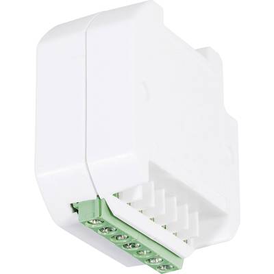 Weißes, rechteckiges elektrisches Gerät mit grünen Anschlussklemmen, möglicherweise zur Steuerung oder Verbindung von Kabeln.