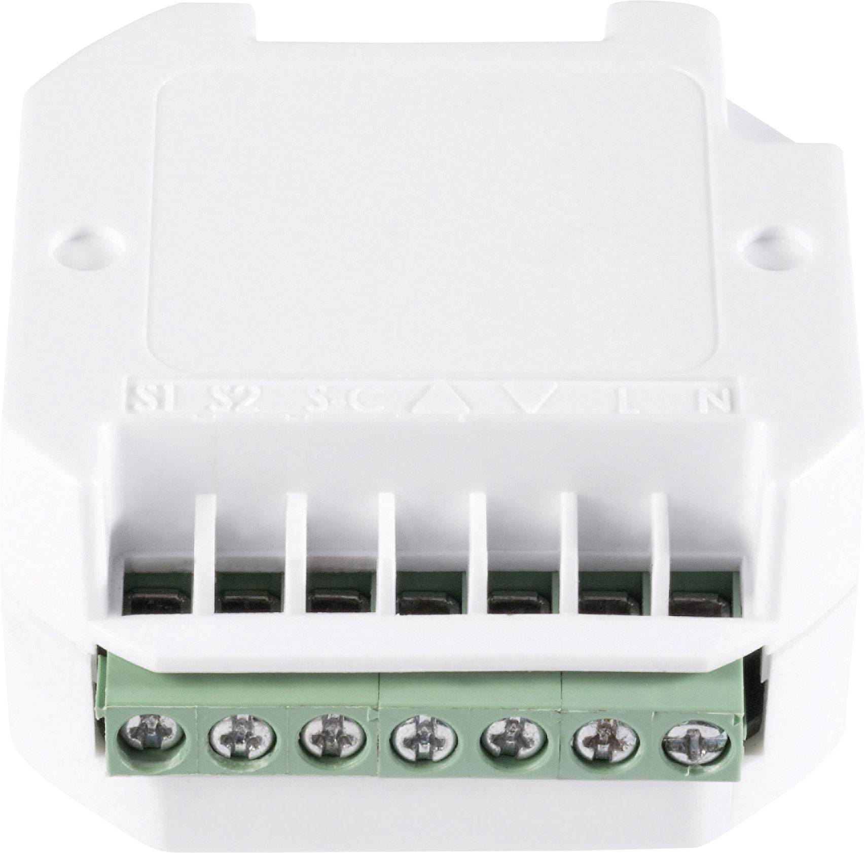 Weißes elektrisches Modul mit sechs Schraubanschlüssen an der Unterseite, markiert mit 'S1 S2 S C AVL N'.