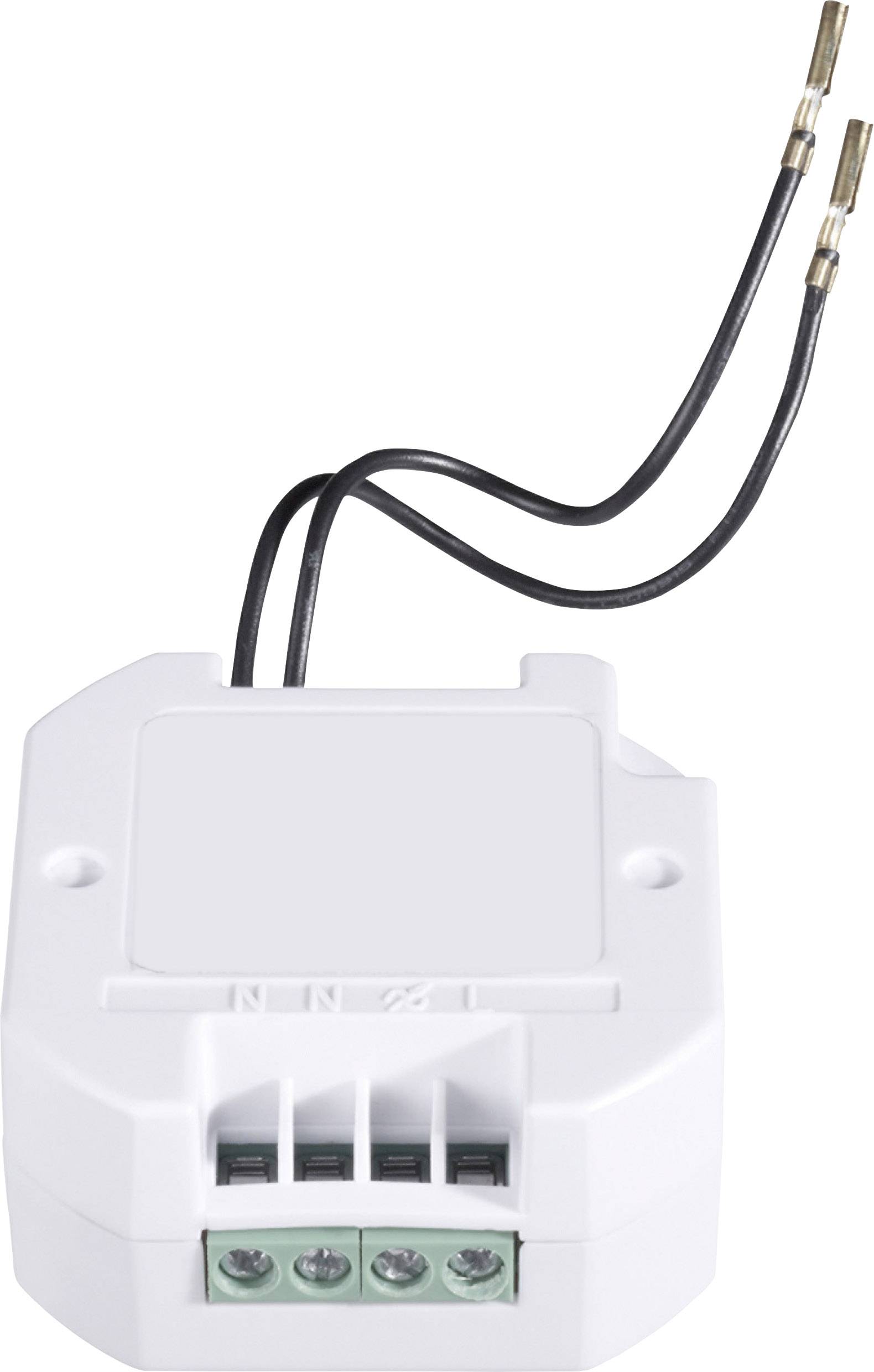 Ein weißes elektrisches Modul mit zwei schwarzen Kabeln, das möglicherweise für Schalteinrichtungen oder Haushaltsgeräte verwendet wird.