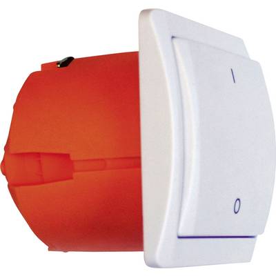 Orangener elektrischer Schalter mit einer weißen Kippflügelabdeckung, die mit den Positionen 'I' (an) und 'O' (aus) beschriftet ist.