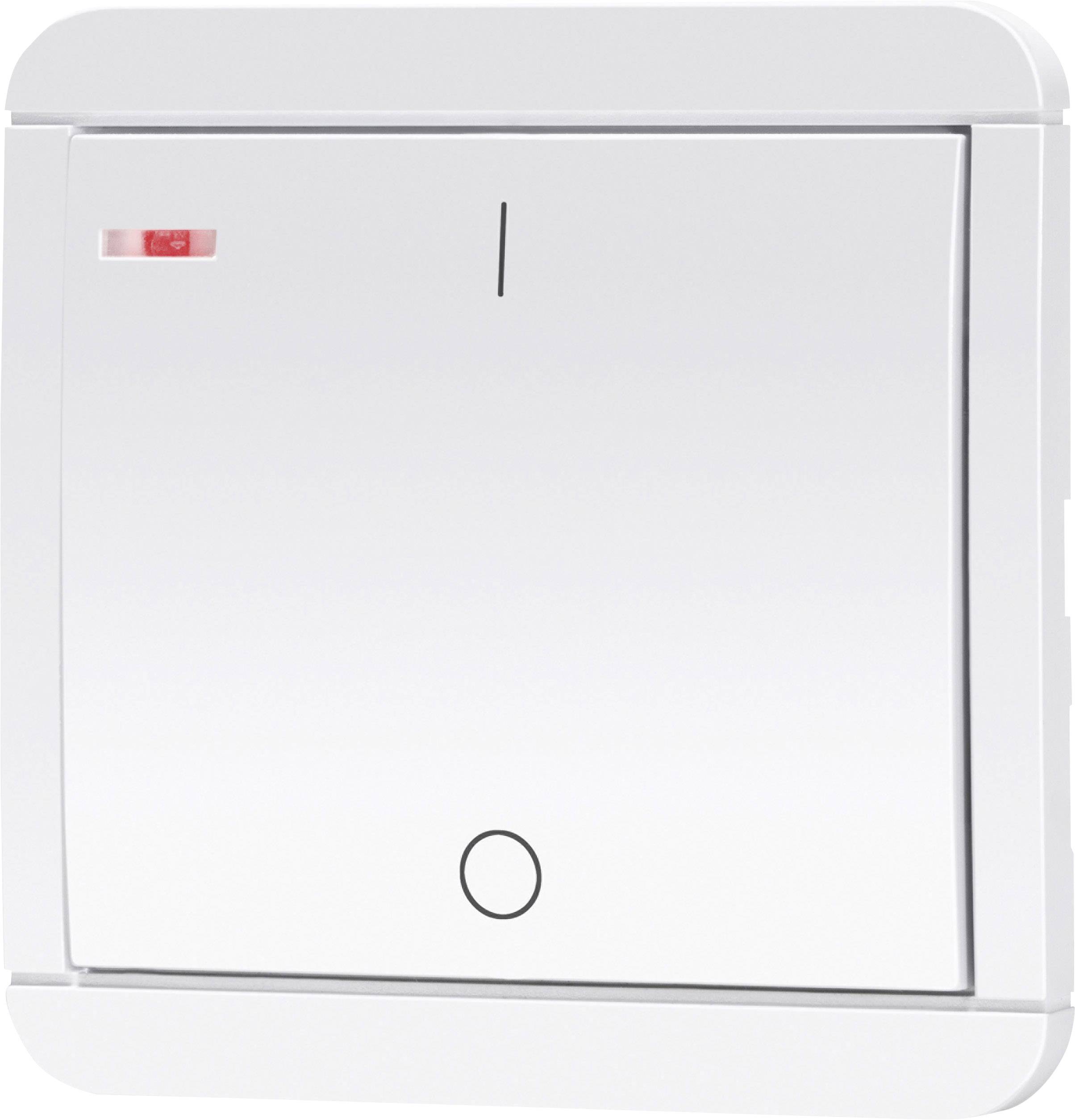 Ein einzelner weißer Lichtschalter mit einem kleinen roten Indikator in der oberen linken Ecke, zeigt 'Ein' mit einer vertikalen Linie.