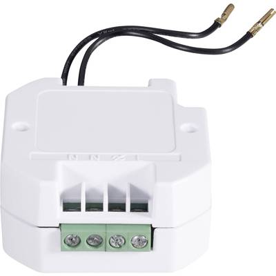 Ein weißer elektronischer Schalter mit Kabelanschlüssen. Er hat drei markierte Anschlussklemmen für elektrische Verbindungen.