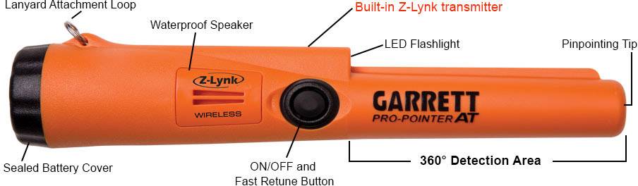 'Orangefarbener Metalldetektor; enthält wasserdichten Lautsprecher, LED-Taschenlampe, Präzisionsspitze, Ein-/Aus-Taste und Z-Lynk-Transmitter.'