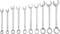 Ein Set von neun silbernen Schraubenschlüsseln in aufsteigender Größe von 4 bis 11 auf weißem Hintergrund, vertikal angeordnet.