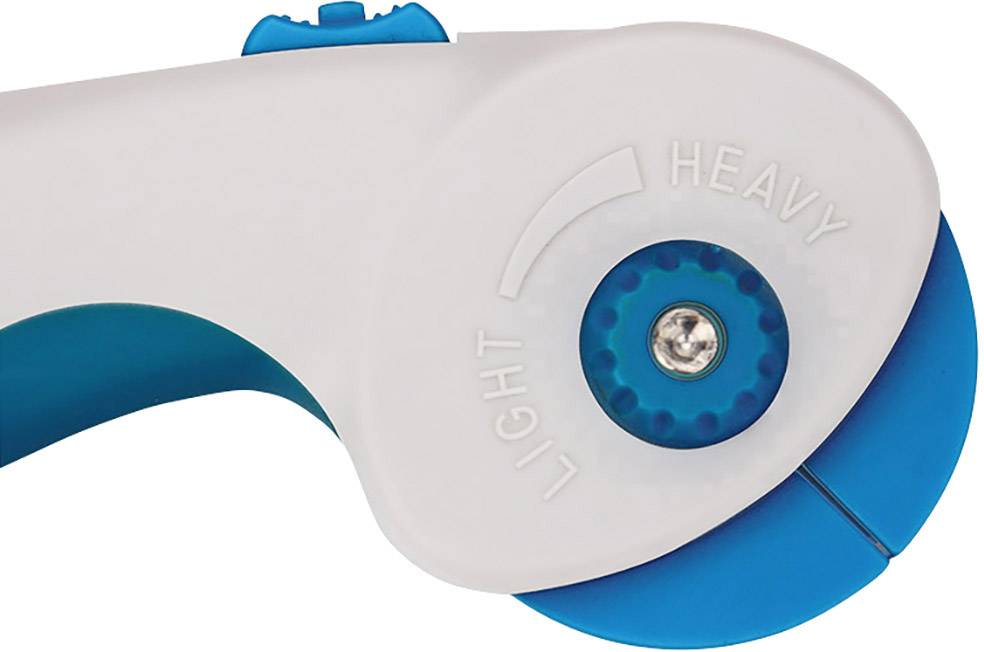 Rotationsmesser mit blauem Griff; einstellbar für 'light' und 'heavy' Schnitte.