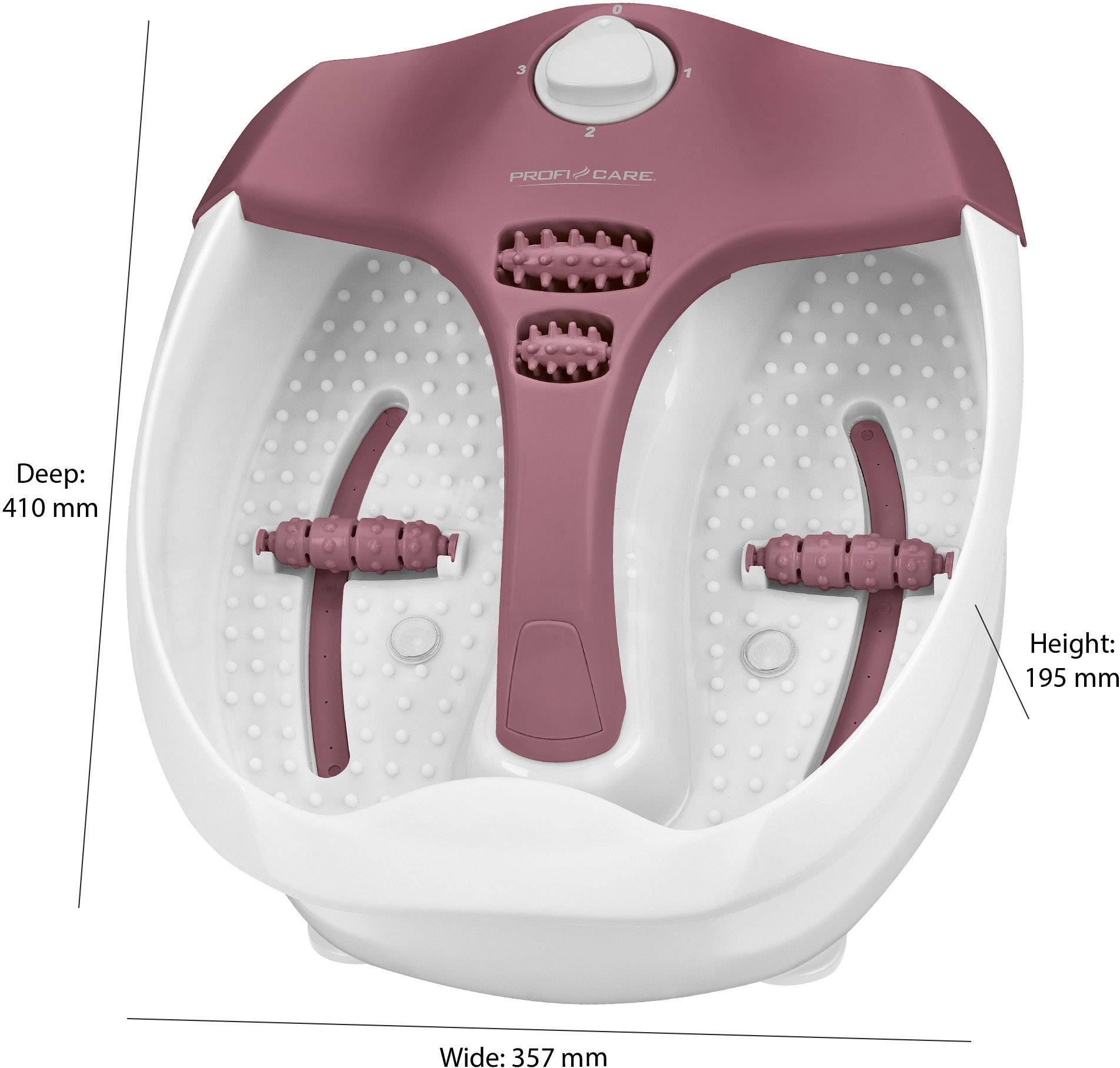 Rotes und weißes Fußsprudelbad mit Massagewalzen. Abmessungen: Höhe 195 mm, Breite 357 mm, Tiefe 410 mm.