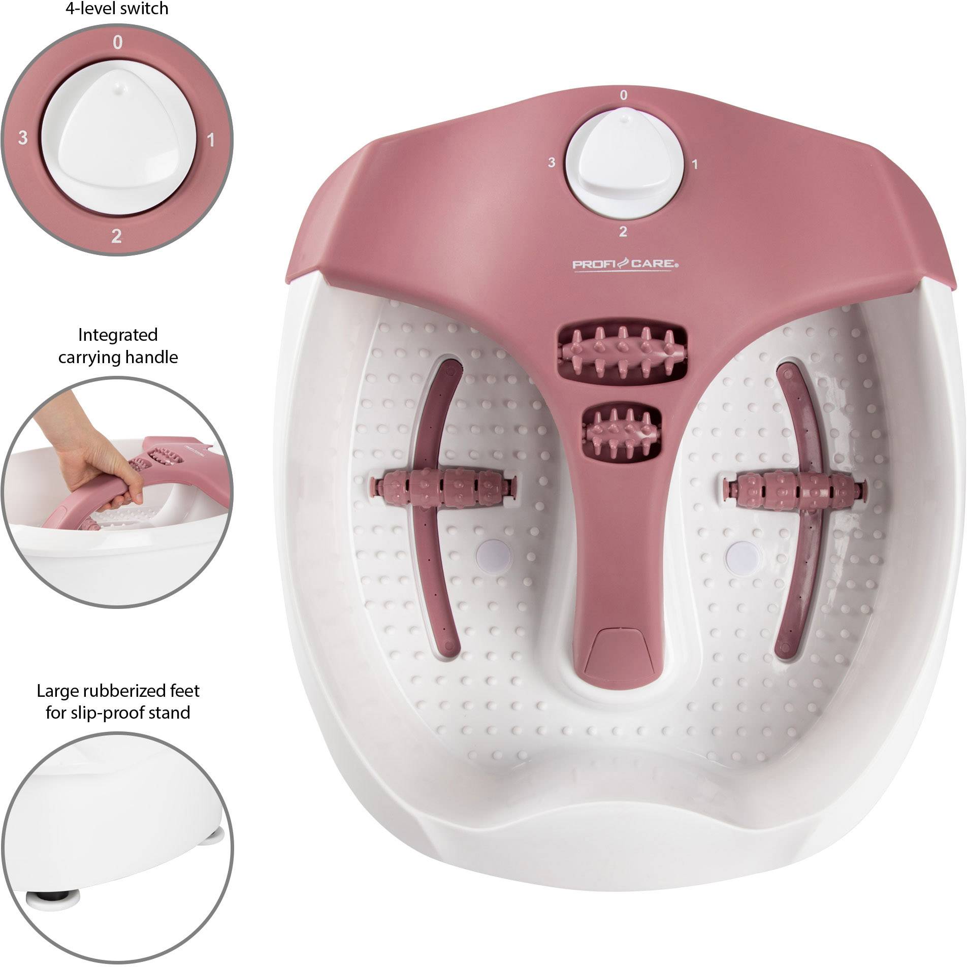 Fußsprudelbad mit 4-stufigem Schalter, integrierter Tragegriff und rutschfesten Gummifüßen. Hauptfach zeigt Massageleisten und Noppen.