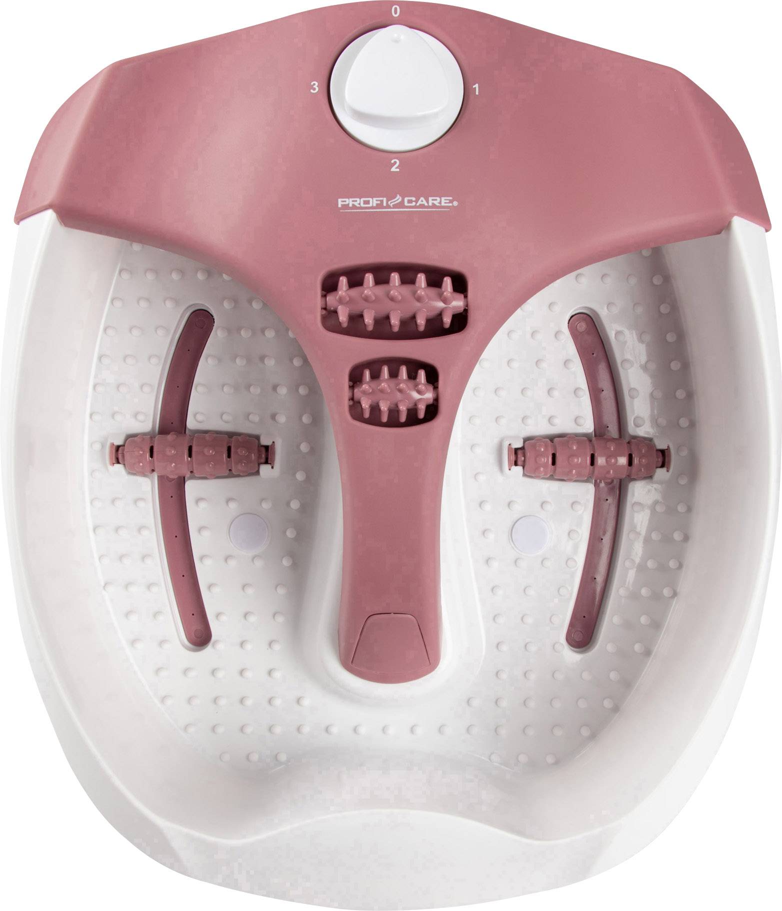 Massagegerät zur Fußpflege mit zwei rotierenden Rollen, punktuellem Massageelement und drei Intensitätsstufen. 