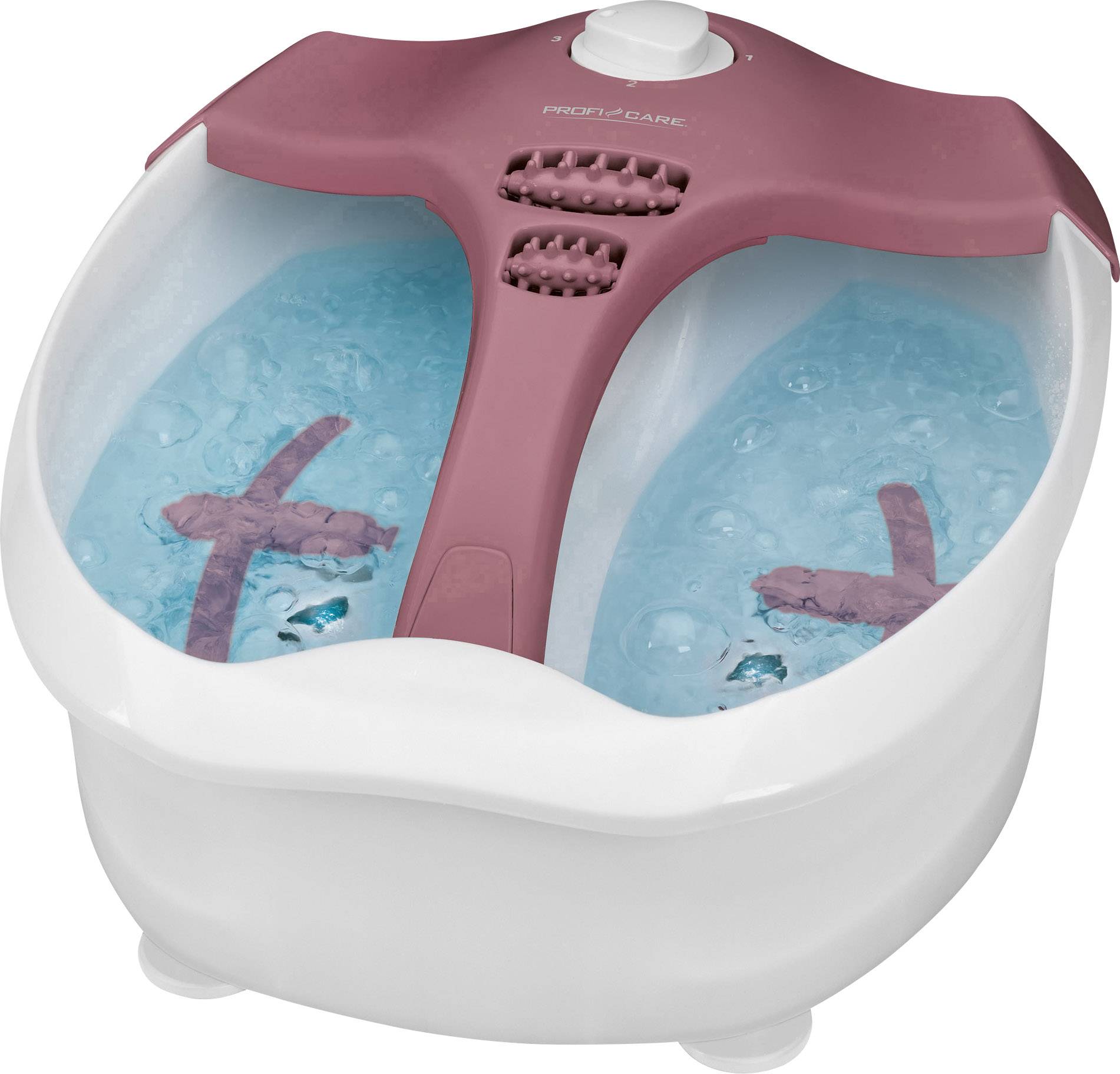 Fußsprudelbad mit rosafarbenem Rand und blauer Wasserfarbe, zwei Fußrollen in der Mitte zur Massage.