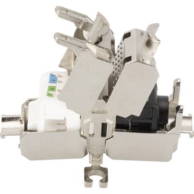 Ein modulares RJ45-Netzwerksteckergehäuse aus Metall, geöffnet und teilweise zusammengebaut, zeigt die nummerierten Kabelanschlüsse.