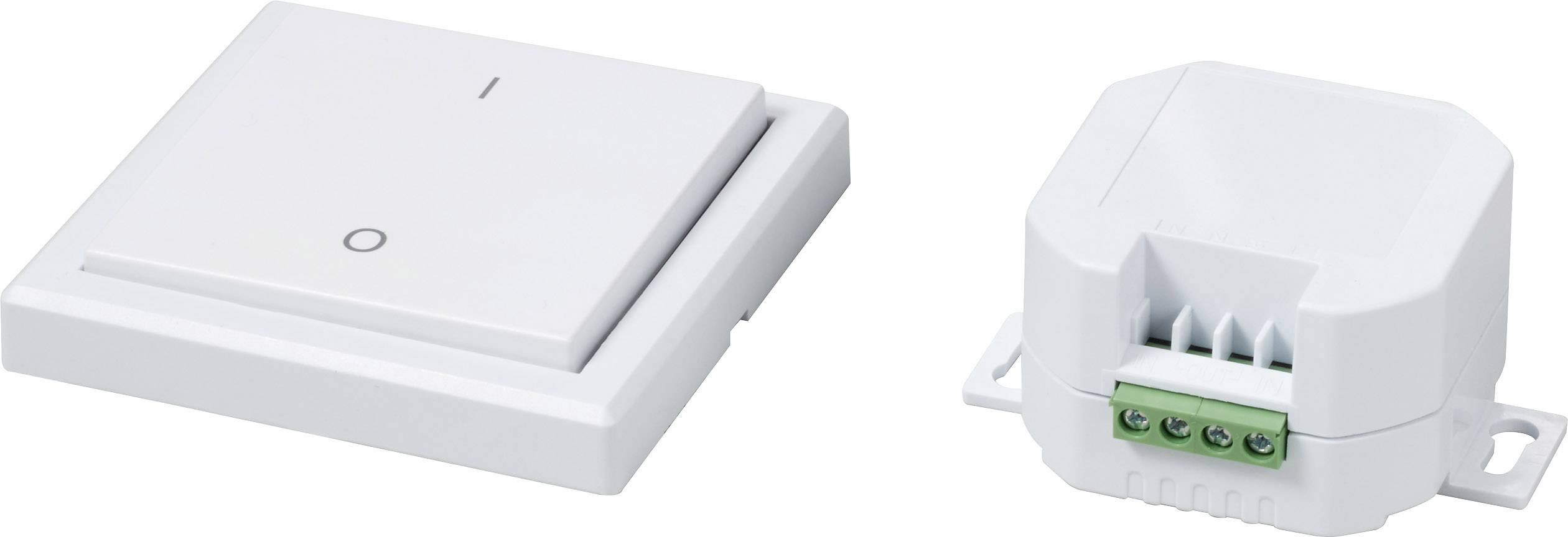 Ein drahtloser Wandschalter neben einem Funkempfänger. Der Schalter hat eine minimalistische Optik, beide Geräte sind weiß.