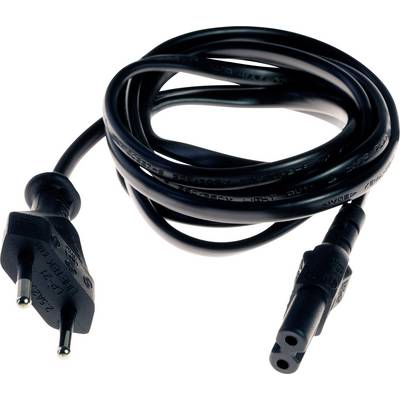 Ein schwarzes Netzkabel mit einem Eurostecker auf der einen Seite und einem dreifach geschlitzten C13-Anschluss auf der anderen Seite.