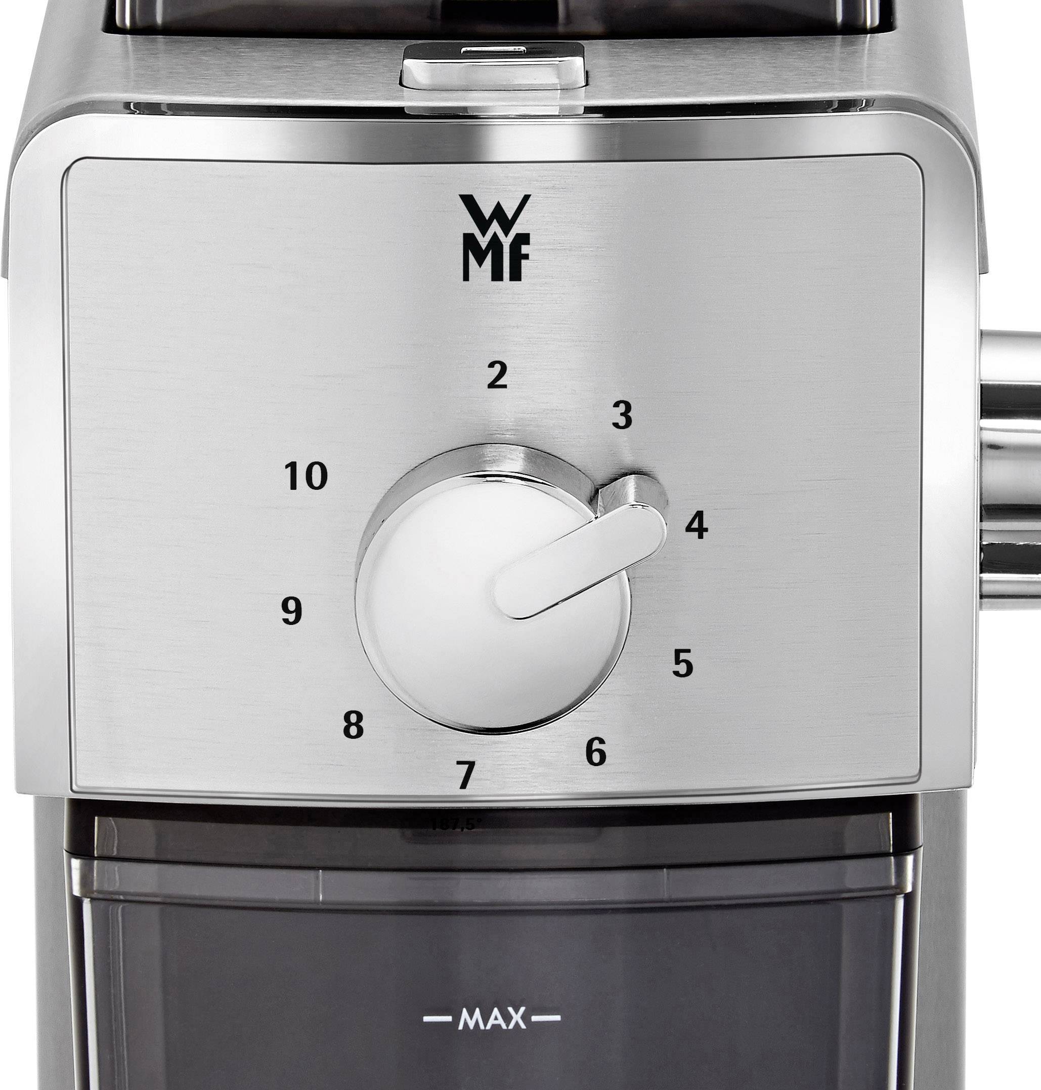 Kaffeemühle aus Edelstahl der Marke WMF mit einstellbarem Mahlgrad, Skala von 1 bis 10, sichtbarer Bohnenbehälter mit 'MAX'-Markierung.