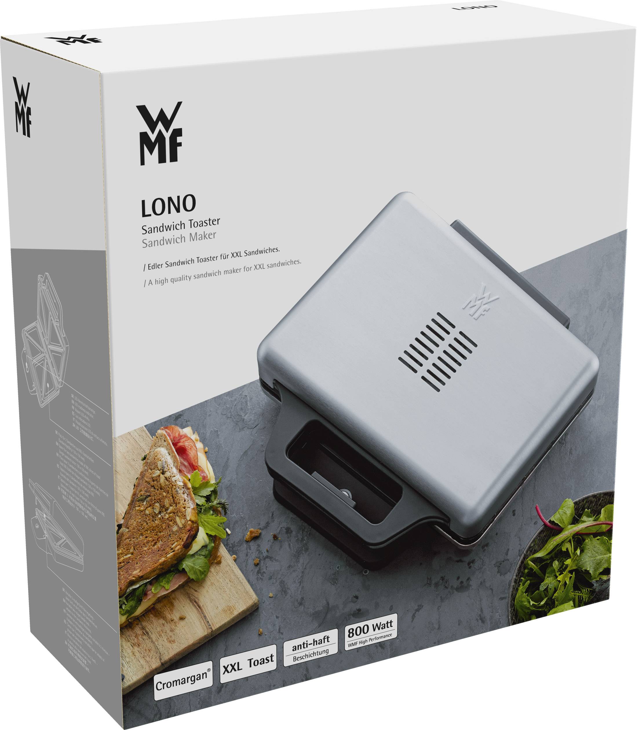 Verpackung eines 'LONO Sandwich Toaster' mit Bild des Geräts und einem zubereiteten Sandwich. Markenname 'WMF' und technische Details sichtbar.