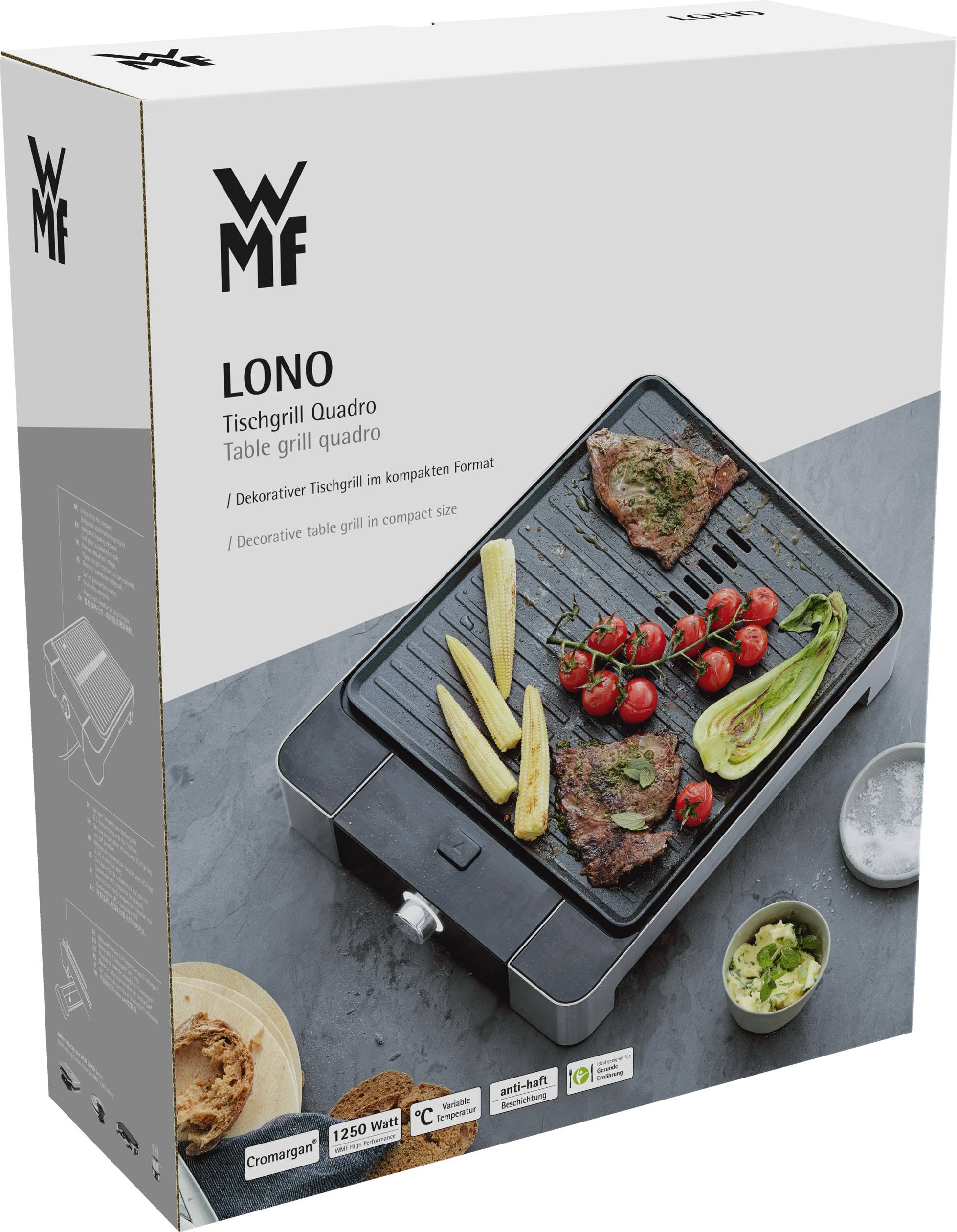 'WMF Lono Tischgrill Quadro' Produktverpackung mit Bild eines Tischgrills, auf dem Gemüse und Fleisch angezeigt werden.