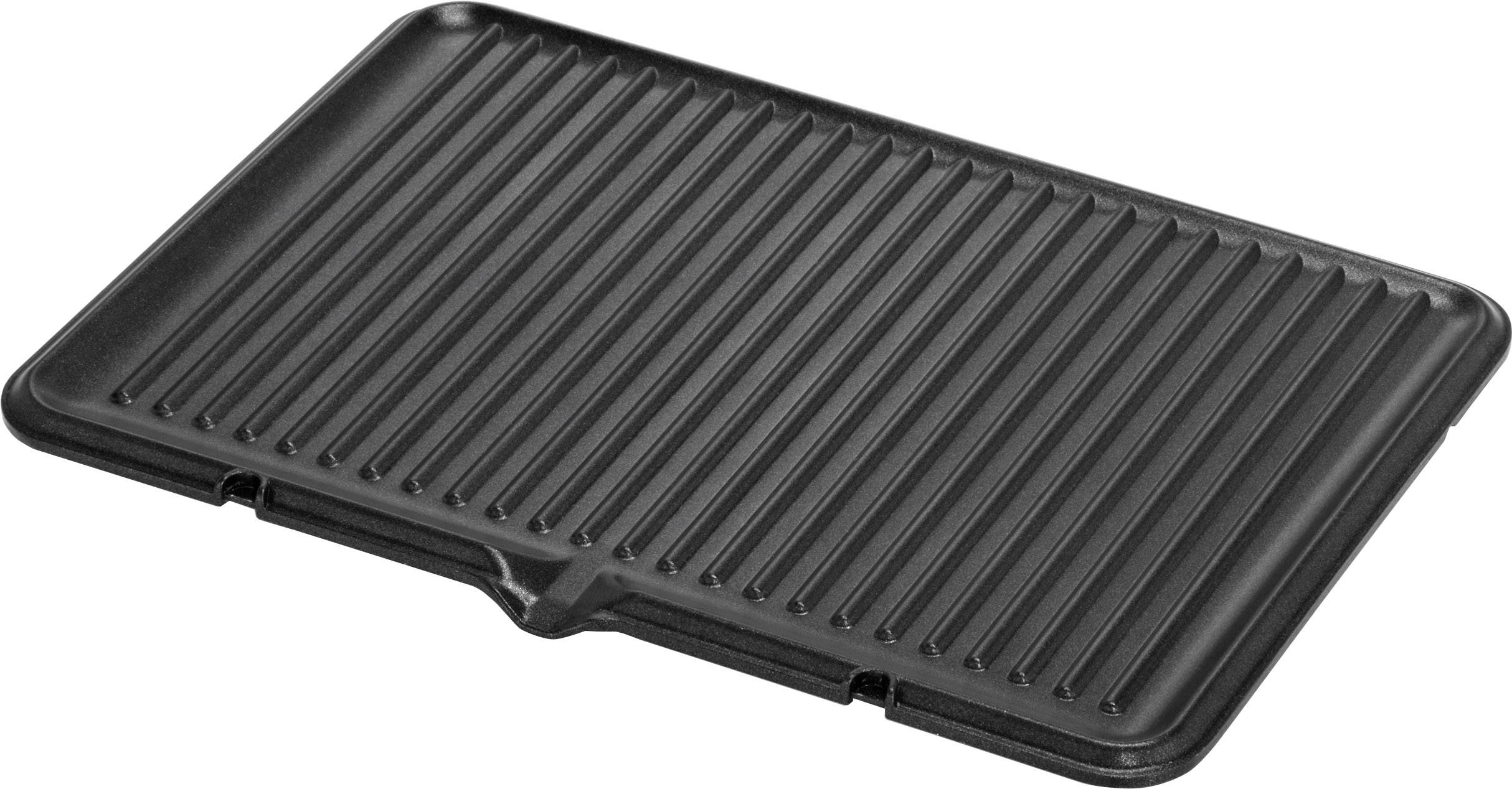 Eine schwarze, gerippte Grillplatte aus Metall, flach und rechteckig, zum Braten und Grillen von Speisen.