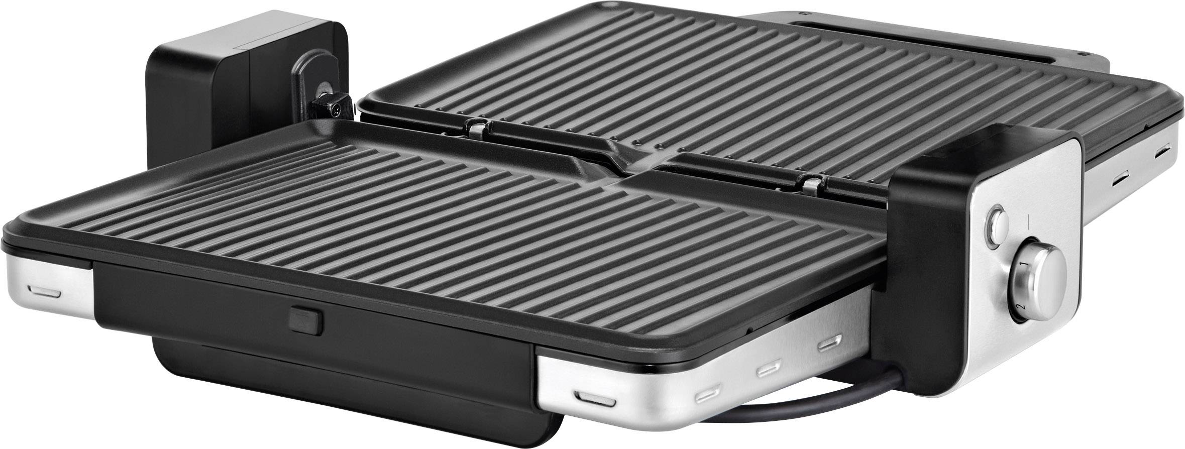 Elektrischer Grill mit geriffelten Platten, geeignet zum Zubereiten von Sandwiches oder Fleisch. Schwarzes Gehäuse mit silbernen Akzenten.
