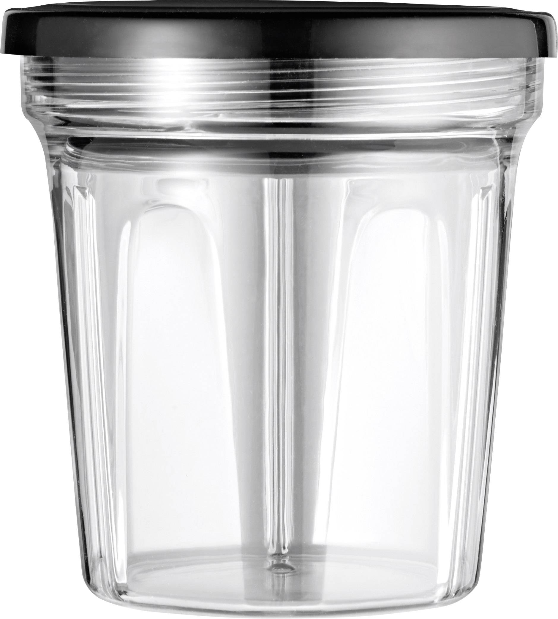 Ein leeres, klares Glas mit schwarzem Deckel, aufrecht stehend. Das Glas ist transparent und lichtdurchlässig.