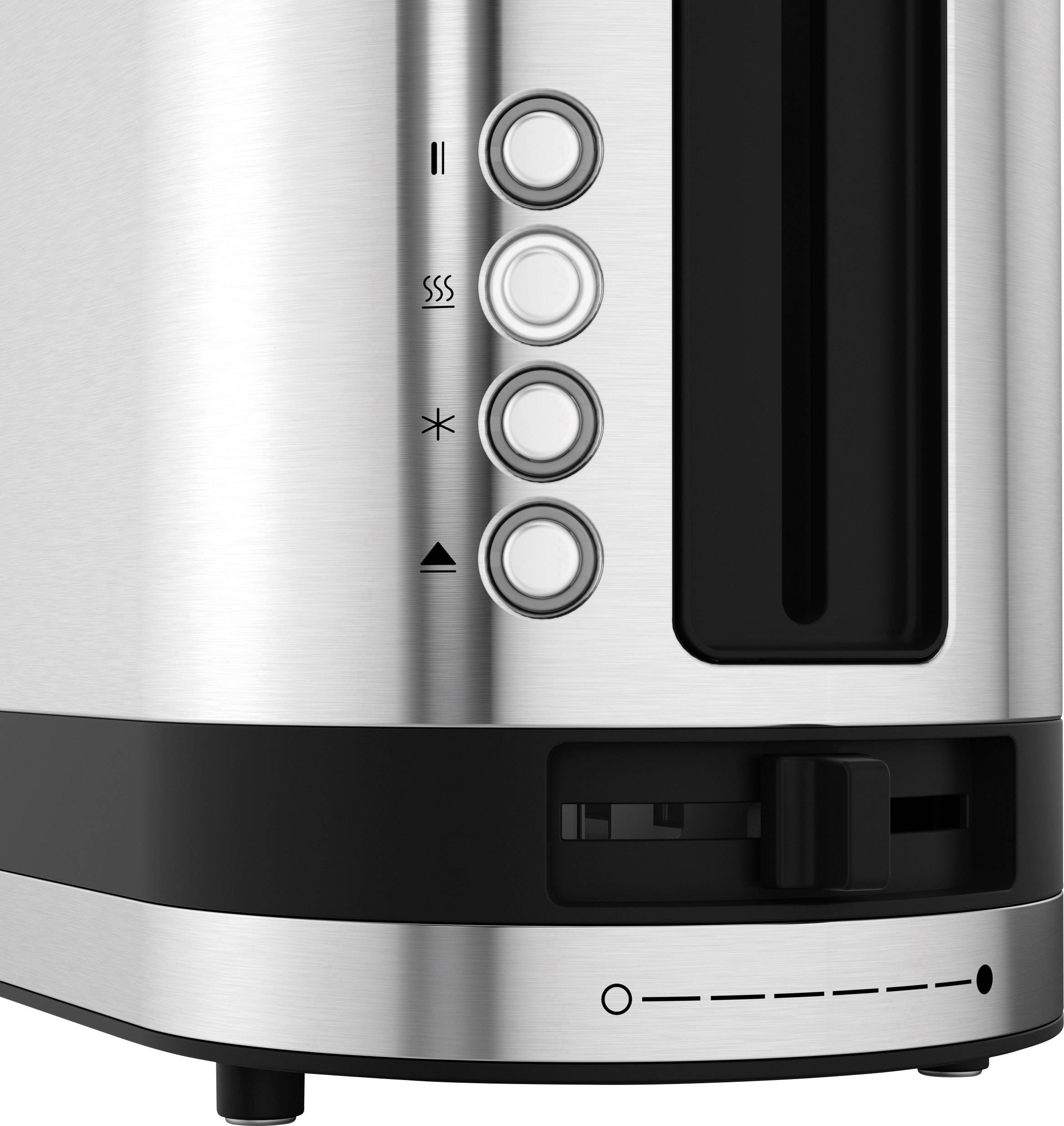 Silberner Toaster mit Bedienknöpfen und Toastschlitzen. Knöpfe haben Symbole für Stop, Aufwärmen, Auftauen und Toasten.