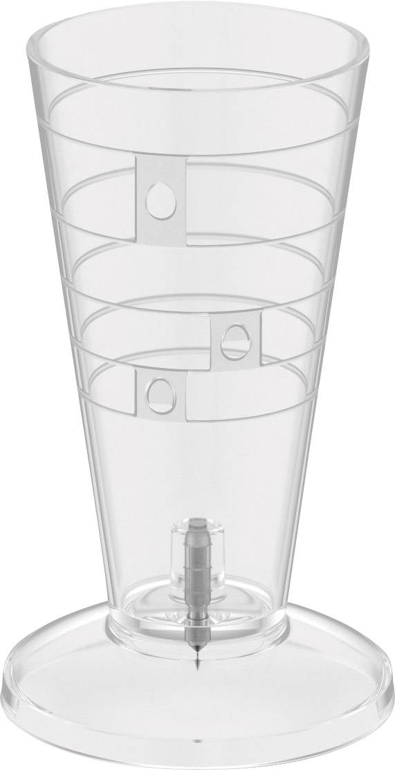 Ein transparenter, stufenförmiger, konischer Messbecher mit Markierungen für verschiedene Volumenstufen, auf einer stabilen Basis.