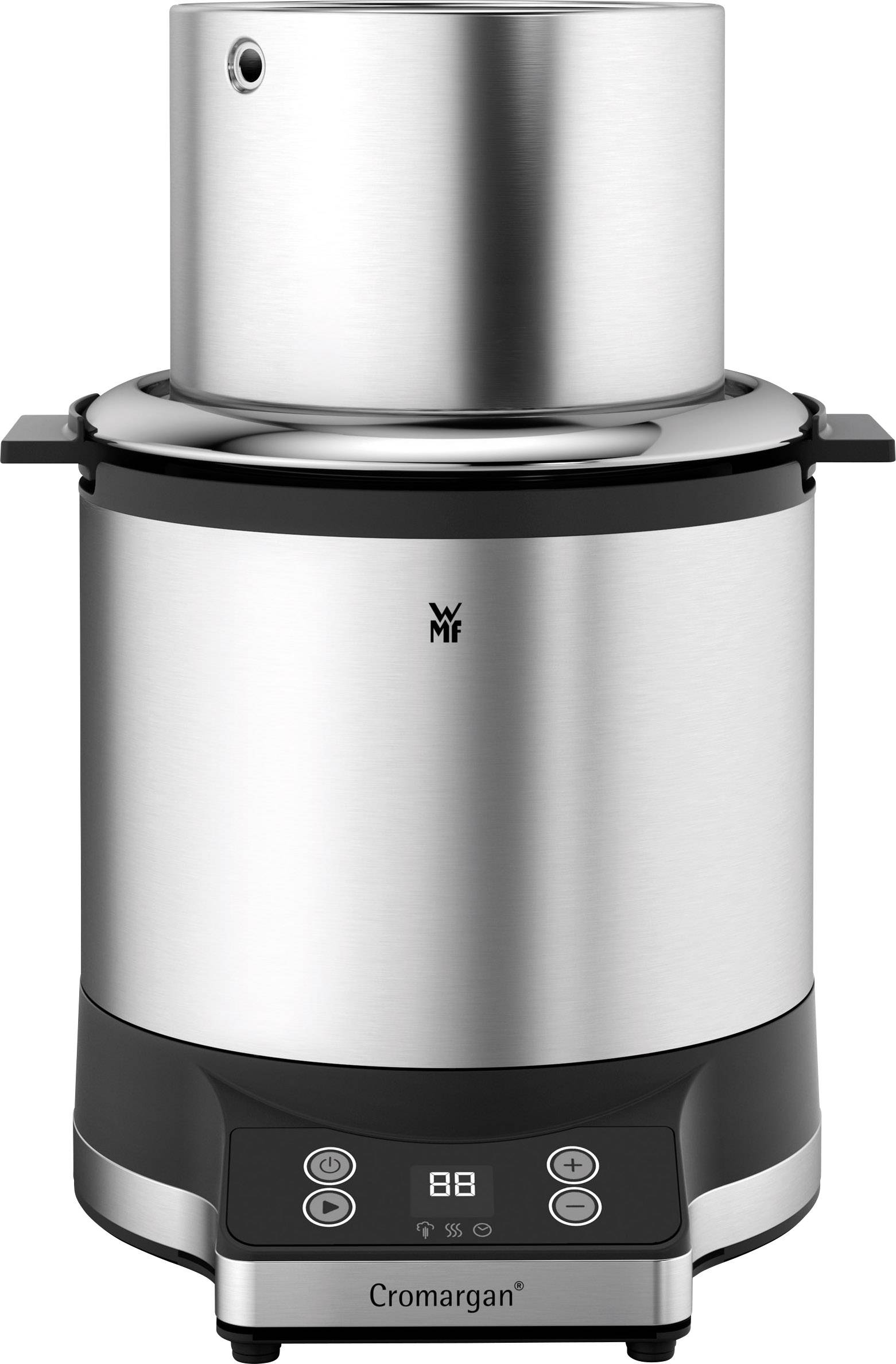 Ein elektrischer Wasserkocher aus Edelstahl mit digitalem Display und Steuerknöpfen auf der Basis.