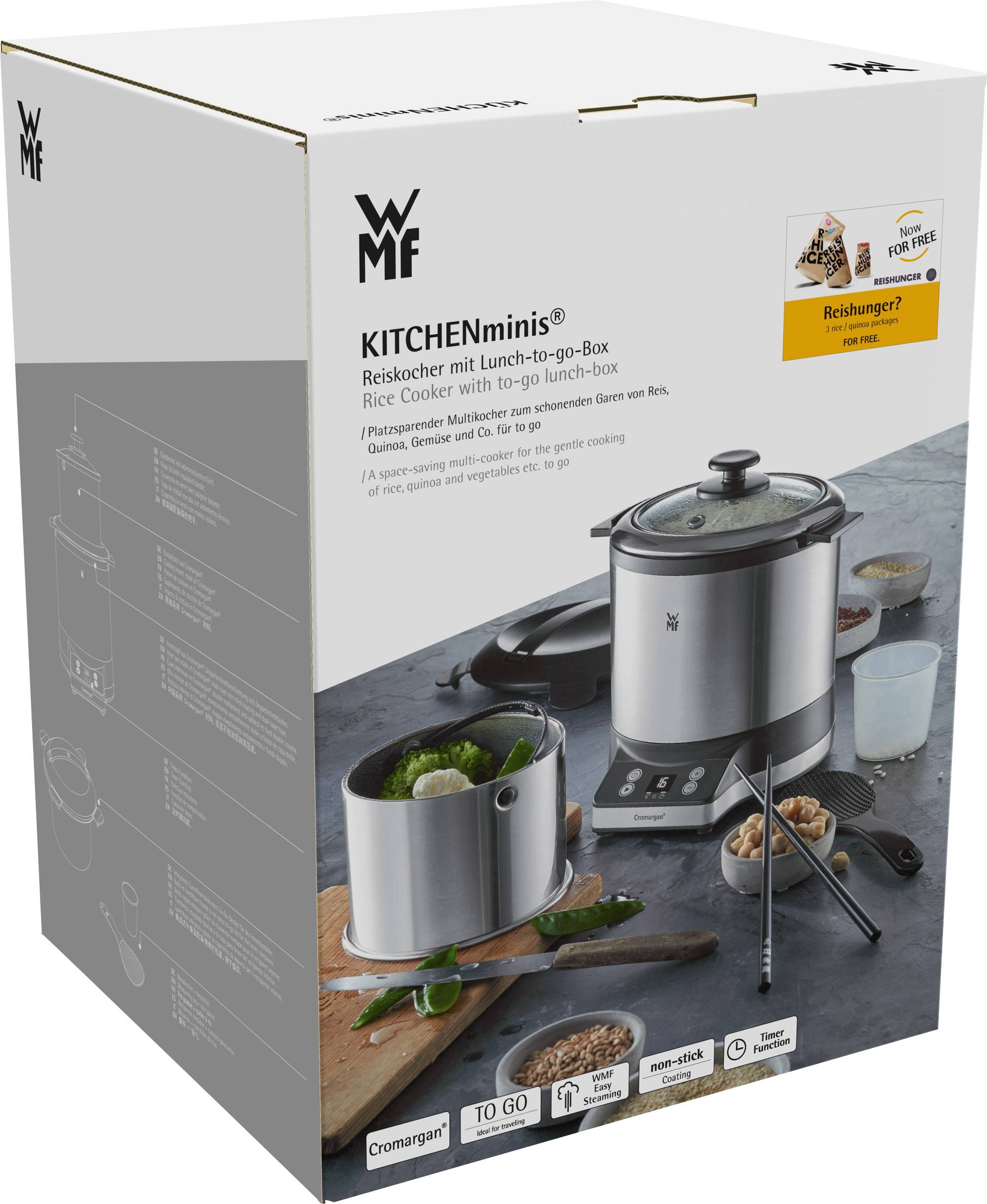 Reiskocher-Verpackung mit Bildern und Informationen über den Reiskocher. Text betont Funktionen und enthält das Logo der Marke WMF.
