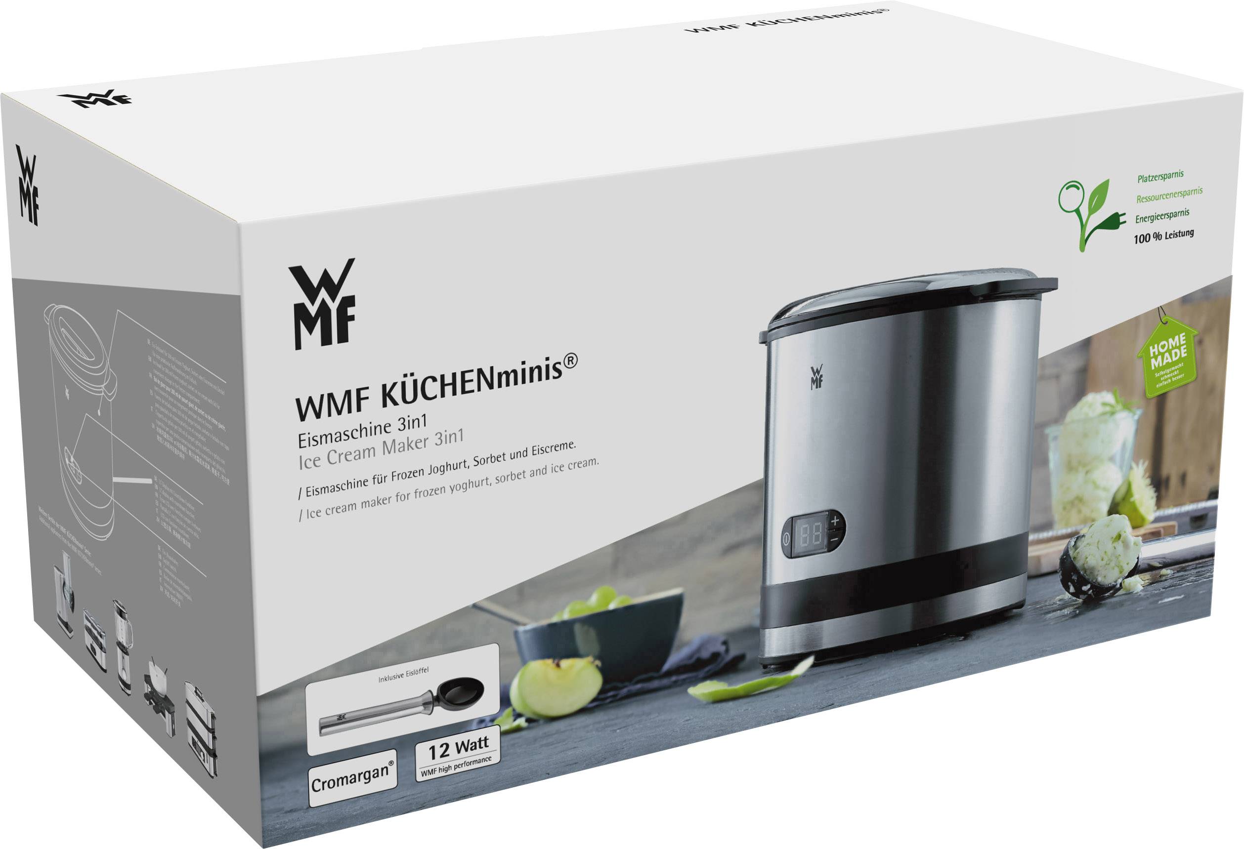 'Eismaschine 3in1' von WMF auf der Verpackung. Silberne Maschine abgebildet, geeignet für Joghurt, Sorbet, Eiscreme. 12 Watt Leistung.