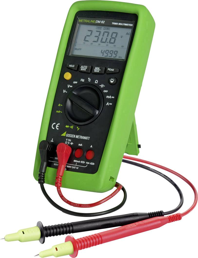 Digitales Multimeter in Grün, zeigt '230.8 V AC' auf dem Display an. Zwei Messkabel mit Pins, rot und schwarz, sind angeschlossen.