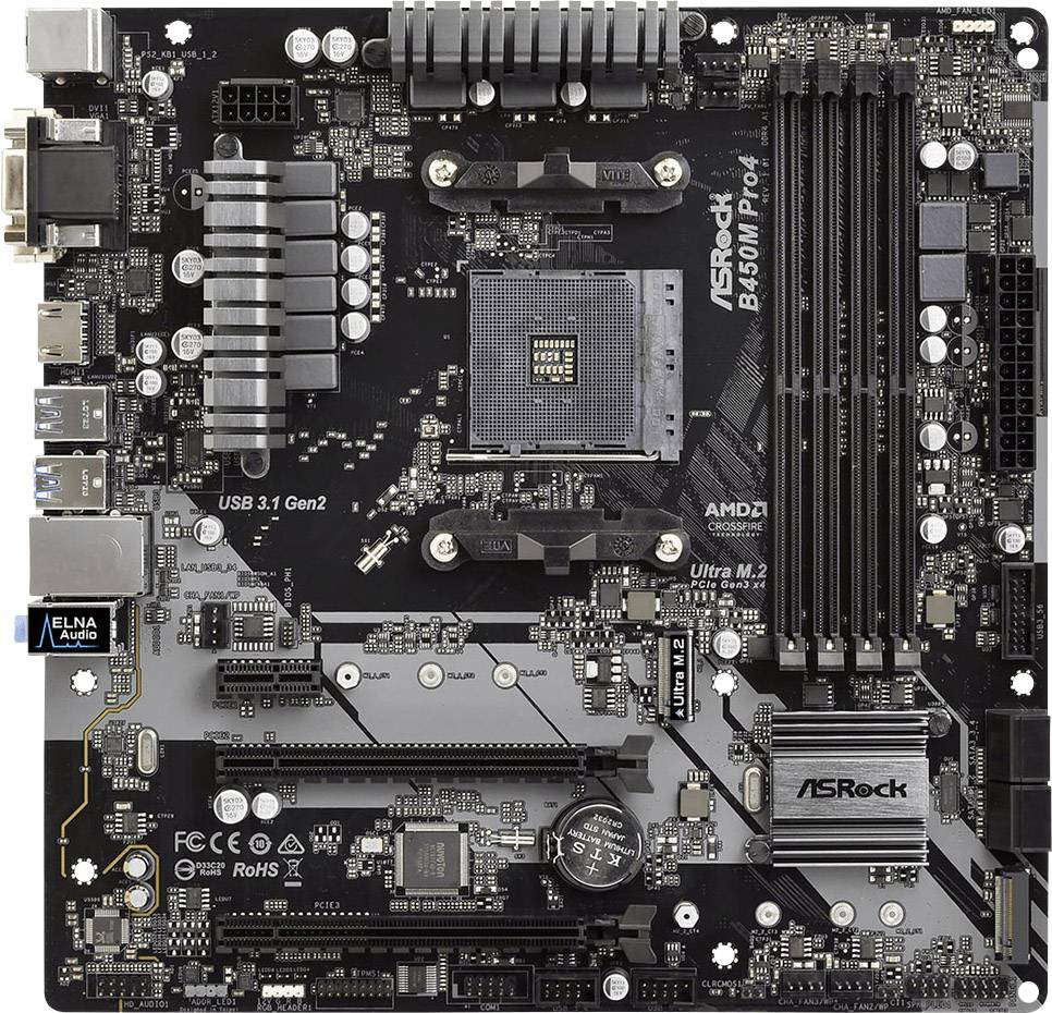 ASRock B450M PRO4 - Motherboard - micro ATX - Socket AM4 - AMD B450 Chipsatz - USB 3.1 Gen 1, USB-C Gen2, USB 3.1 Gen 2-1