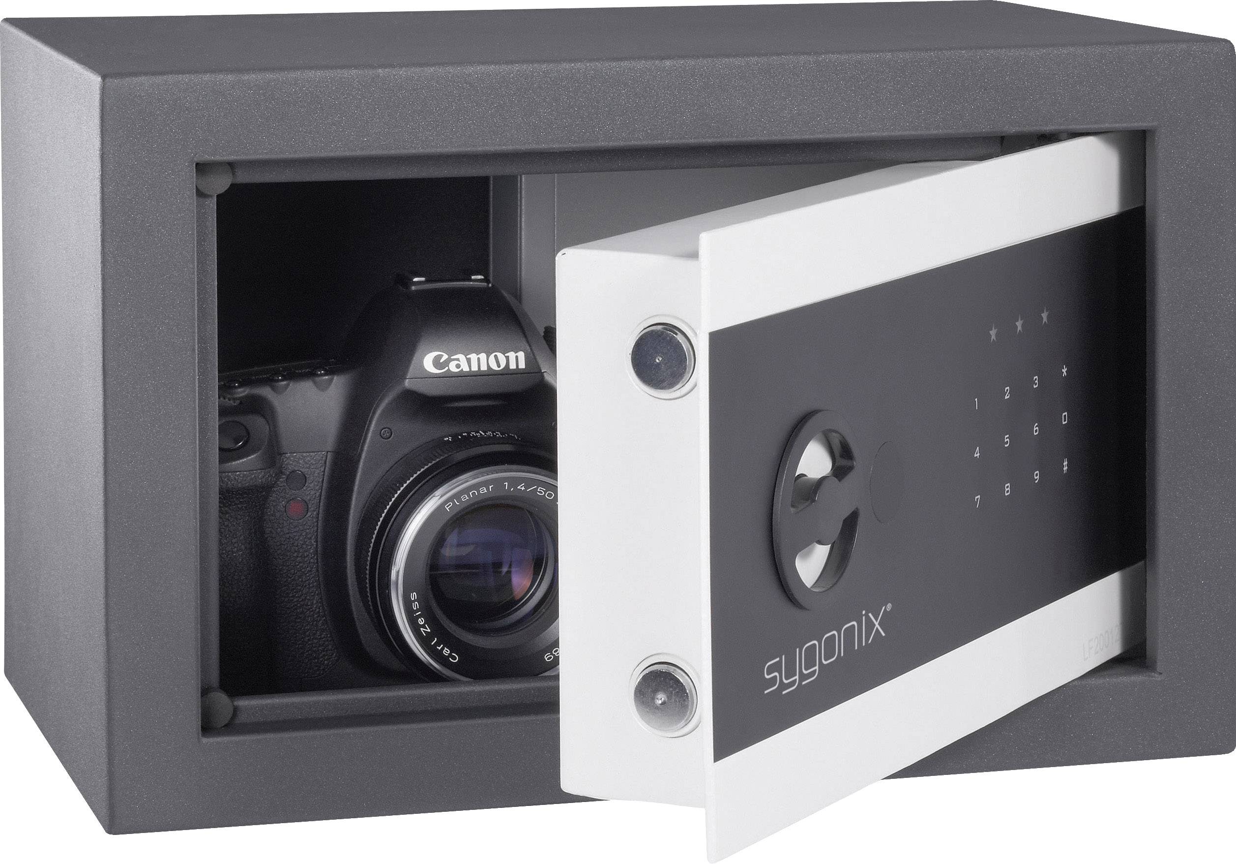 'Eine digitale Kamera in einem offenen Tresor mit einem elektronischen Zahlenschloss.'