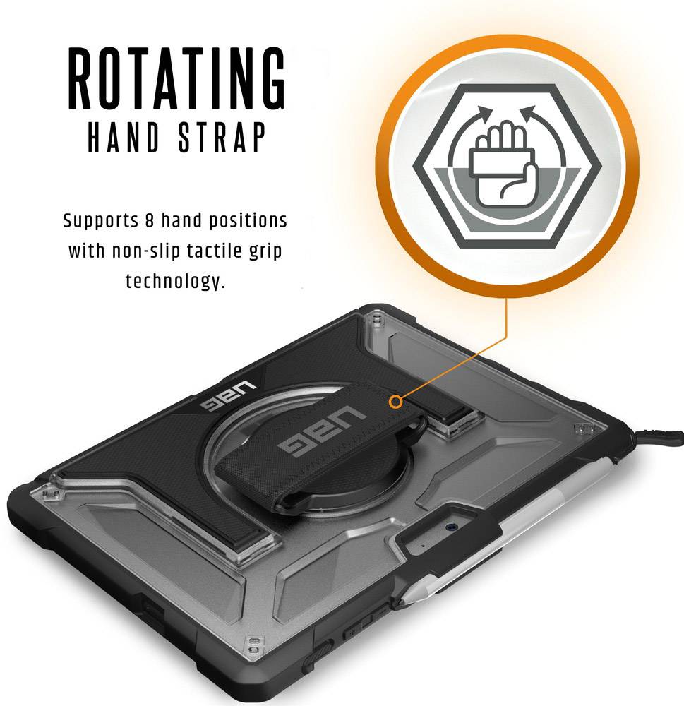 Schwarzes Tablet mit drehbarem Handriemen, der 8 Handpositionen unterstützt. Text erläutert die rutschfeste Grifftechnologie.