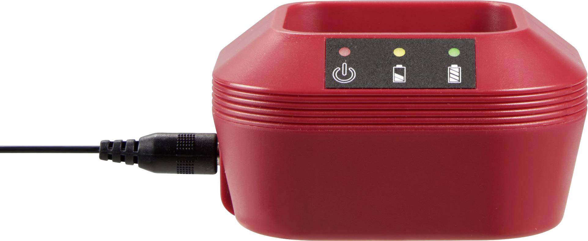 Rotes Ladegerät mit Kabel, drei Leuchten für Statusanzeigen: Power, Ladevorgang und Ladezustand.