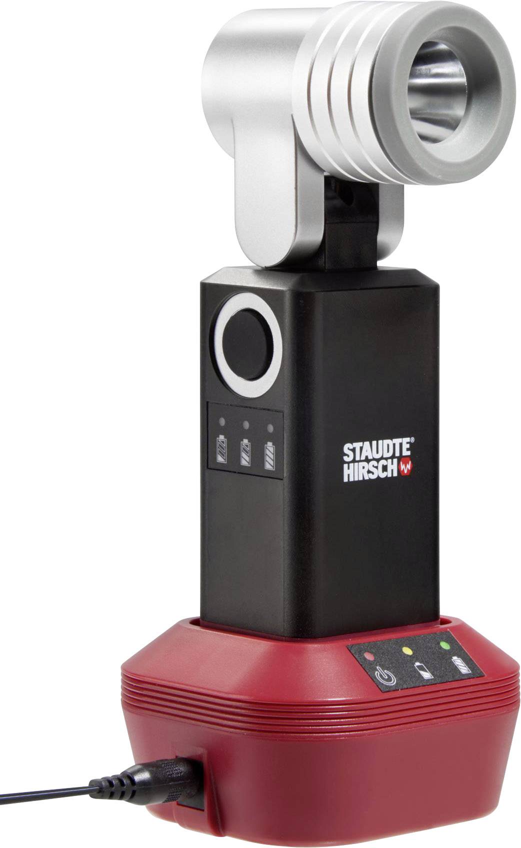 Eine handliche, schwarz-rote Inspektionskamera mit flexiblem Kopf, angeschlossen an ein Ladekabel. Markenlogo 'STAUDTE HIRSCH' sichtbar.
