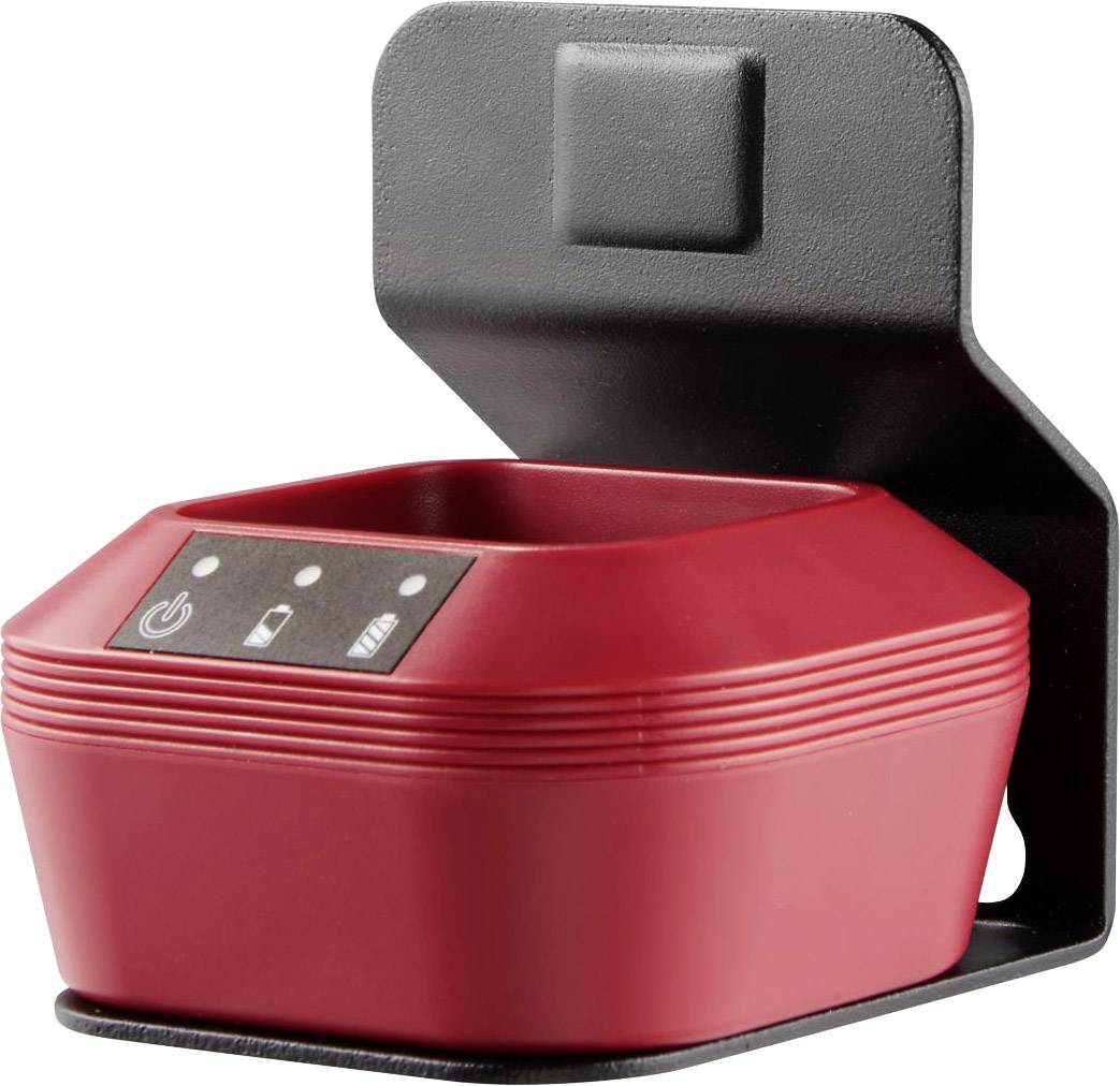 Rotes, eckiges Wandgerät mit schwarzen Details und Betriebsanzeigen. Es hat eine Öffnung oben und einen Halterungsaufsatz.