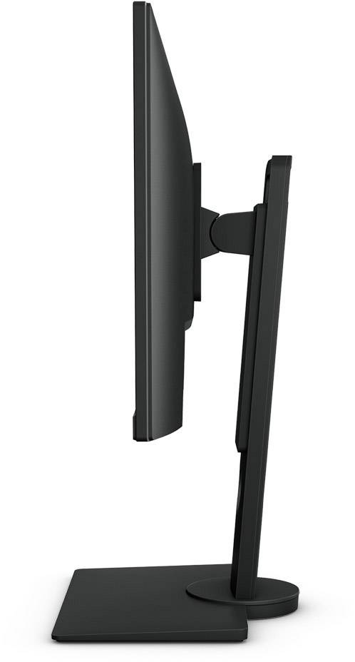 Ein seitlicher Blick auf einen flachen Computermonitor in Schwarz mit verstellbarem Standfuß.