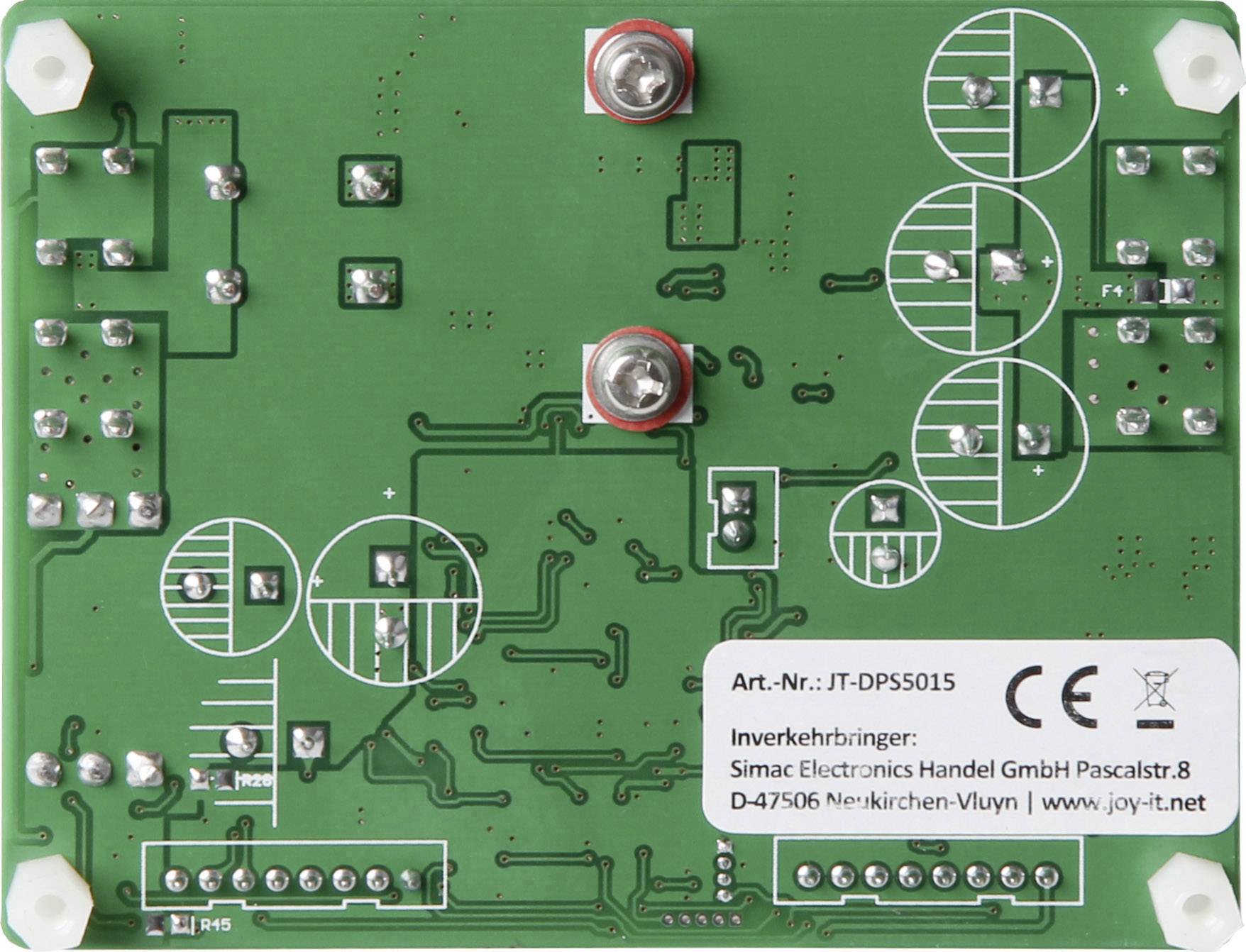 'Grüne Leiterplatte mit elektronischen Bauteilen und Schaltkreisen. Beschriftet mit Art.-Nr. JT-DPS5015 und Herstellerinformationen.'