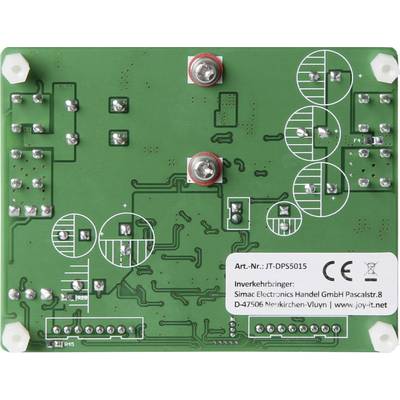 'Grüne Leiterplatte mit elektronischen Bauteilen und Schaltkreisen. Beschriftet mit Art.-Nr. JT-DPS5015 und Herstellerinformationen.'