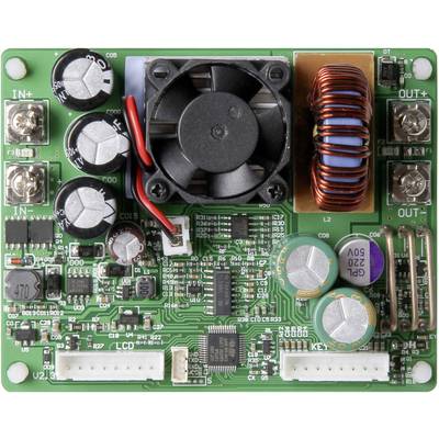 Eine grüne Leiterplatte mit mehreren Kondensatoren, Spulen, Steckverbindern und einem kleinen Lüfter, die elektronische Bauteile darstellt.