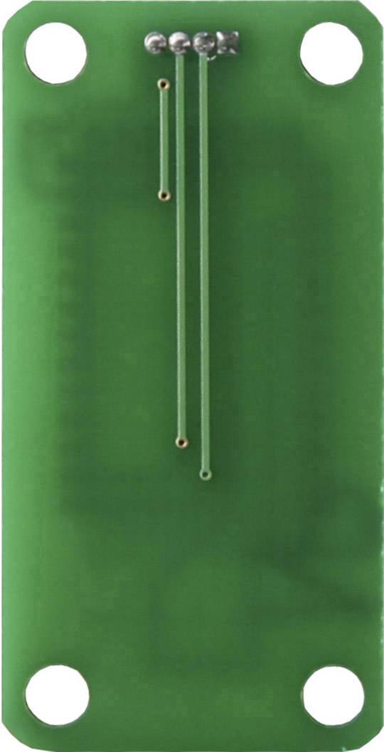 Eine grüne Leiterplatte mit vier Bohrungen und drei senkrechten Leiterbahnen in der Mitte.